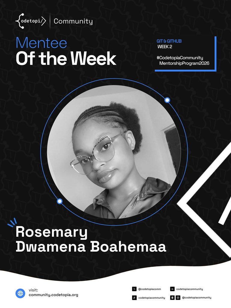 codetopiacomm's tweet photo. Consistency over hype 👏

🌟 Mentee of the Week: Rosemary Dwamena Boahemaa

Putting in the work quietly and growing loudly. We see you 🚀

#CodetopiacommunityMentorshipProgram2026 #MenteeOfTheWeek #CodetopiaCommunity https://t.co/EAWOoK0Zon