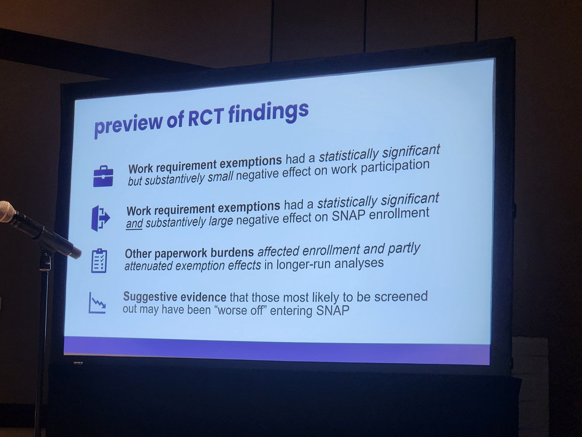 AssumeNormality's tweet photo. .@onceuponA sharing new RCT evidence testing effects of work requirements for SNAP 

Some enrollees get exemptions, others did not

Work requirements had very small effects on employment, but large effects on enrollment

Preview of what to expect in Medicaid next year #ARM26 https://t.co/jwrQSezs78