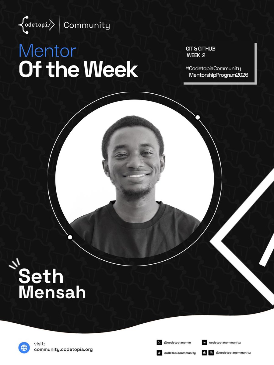 codetopiacomm's tweet photo. Behind every great mentee is a mentor who shows up 🔥✅

🌟 Mentor of the Week: Seth Mensah

Week 2 and still leading the way. We see you Seth 👏🚀

#CodetopiacommunityMentorshipProgram2026 #MentorOfTheWeek #CodetopiaCommunity https://t.co/X5kW9sUeZ7