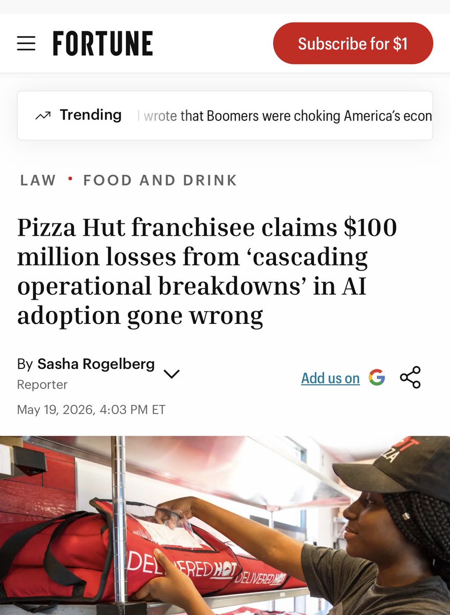 BrianRoemmele's tweet photo. THE WRONG AI DEPLOYED THE WRONG WAY!

Pizza Hut Franchisee Sues Parent Company for $100 Million, Alleging AI Delivery System Caused “Cascading Operational Breakdowns”

A major Pizza Hut franchisee is taking the chain and its parent company, Yum! Brands, to court, claiming a mandatory AI-powered delivery system backfired spectacularly turning efficient operations into chaos, cold pizzas, and more than $100 million in alleged losses.

Chaac Pizza Northeast LLC, which operates approximately 111 Pizza Hut locations across New York, New Jersey, Maryland, Washington, D.C., and central Pennsylvania, filed suit on May 6, 2026, in the Business Court of Texas, First Division (Case No. 26-BC01A-0037). 

The complaint accuses Pizza Hut of breaching its franchise agreement by forcing the adoption of Dragontail, an AI dispatch and kitchen optimization platform, without adequately adapting it to the franchisee’s business model.

What Went Wrong According to the Lawsuit

Chaac had been one of Pizza Hut’s top-performing franchisees for years. Before the 2024 rollout of Dragontail:

•More than 90% of deliveries arrived within 30 minutes.
•Production times averaged under 15 minutes (far better than the system average).
•The operator posted consistent double-digit sales growth and above-average guest satisfaction scores.
•It relied entirely on third-party DoorDash drivers (no in-house delivery fleet) and maintained strong control over driver quality through individual contracts.

After Pizza Hut mandated Dragontail and shifted to a national DoorDash contract that removed Chaac’s direct control, performance collapsed:

•“Rack time” (time pizzas sat after coming out of the oven) reportedly jumped from under 5 minutes to as much as 20 minutes.
•Delivery times increased from around 30 minutes to more than 45 minutes.
•Only about 50% of orders met the 30-minute delivery standard in some periods.
•Regional sales growth turned sharply negative in key markets (for example, New York City reportedly swung from +10.19% year-over-year growth to -9.78%).

The core allegation: Dragontail gave DoorDash drivers real-time visibility into kitchen workflows, oven status, and even tip amounts. This allegedly allowed gig workers to “game the system” by:

•Waiting inside restaurants (sometimes up to 15 minutes) to batch multiple orders together.
•Cherry-picking higher-tip deliveries and declining or delaying lower-tip or cash orders.
•Creating stacking behavior that left pizzas sitting and growing cold.

Chaac claims the system was designed with in-house drivers in mind and was never properly modified for a pure third-party aggregator model like theirs. The franchisee says Pizza Hut failed to provide adequate training, ignored support requests, refused to pause or adjust the rollout despite clear performance data, and did not hold DoorDash accountable under the national contract.

In the complaint’s own words: “With the intention to improve efficiency and service to the customer, Dragontail did the exact opposite; it caused significant delays and pummeled consumer satisfaction.”

Chaac is seeking no less than $100 million in compensatory and consequential damages for lost revenue, profits, business interruption, reputational harm, customer loss, and diminished enterprise value plus attorneys’ fees and other relief. The suit frames the mandate as a material breach of the franchise agreement and a failure to exercise reasonable business judgment when imposing system-wide technology changes.
Pizza Hut and Yum! Brands have said they are reviewing the claims and will respond through appropriate legal channels. 

The AI technology is 6 years old and does not use LLMs or other more modern training methods.

An open source model trained efficiently can do better.