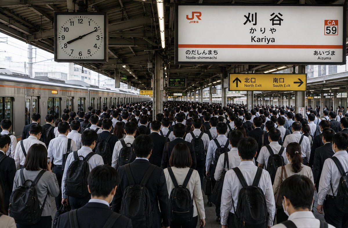 toyotamura_'s tweet photo. 刈谷あるある

愛知の片田舎だと思���ている人ほど驚く。

朝の刈谷駅、普通に人であふれている。
デンソー、アイシン、織機の御三家を含むトヨタグループの集積地

初めて��京の人と仕事した時、
「これ本当に愛知？品川駅じゃないの？」

と言われた。

理由はシンプル。
周囲に自動車メーカーや部品メーカーが集まり、日本有数の通勤需要があるから。
地方駅の見た目で、中身は工業都市のターミナル。

※画像はあくまでイメージです