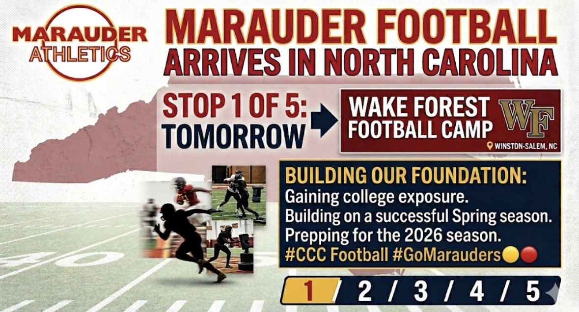 CCCMarauders's tweet photo. Marauders in NC! 🚍🏈

@CCCMaraudersFB has officially arrived in North Carolina and are locking in for Stop 1 of 5 tomorrow at the Wake Forest Football Camp!

This week is a massive opportunity for our student-athletes to showcase their talents and gain valuable college exposure. More than that, building off a highly successful spring, this trip is all about continuing to lay the foundation and identity for the upcoming season.

The work doesn’t stop. Let’s get it! 💪

#MarauderBusTour26
#RecruitCCC
#GoMarauders 🔴🟡

@WakeFB 
@Biggamebobby 
@FryeChuck