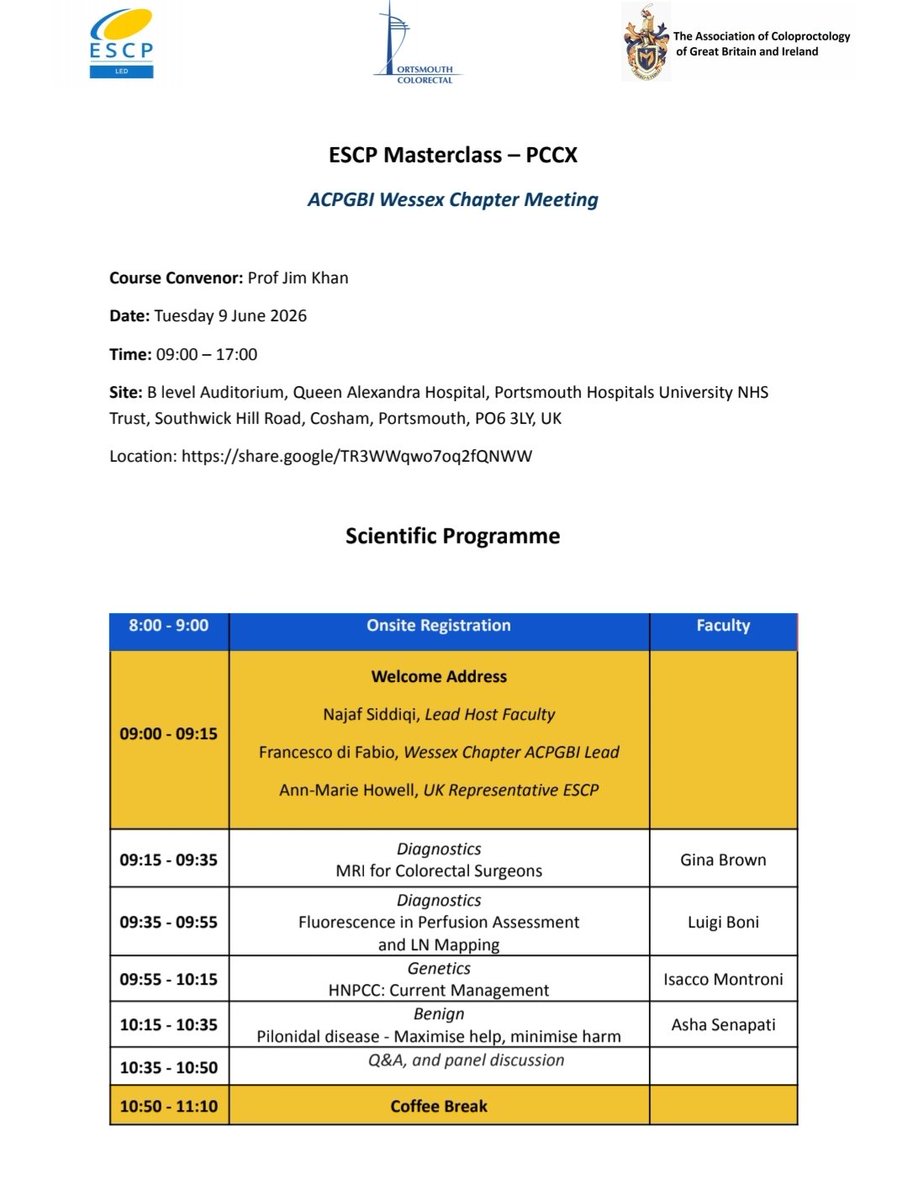 PColorectal's tweet photo. Join us for the #PCC #PCCX Masterclass, 
@ACPGBI Wessex Chapter Meeting, endorsed by @escp_tweets 

We still have a few places available, and if you are not convinced yet, have a look at the Program!
@JimkhanMD 
@ACPGBI_EduTrain 
@roboticsACP 
@EDIforACPGBI 
@SW_ACPGBI 
@AcpgbiY https://t.co/gjonAkjUFW