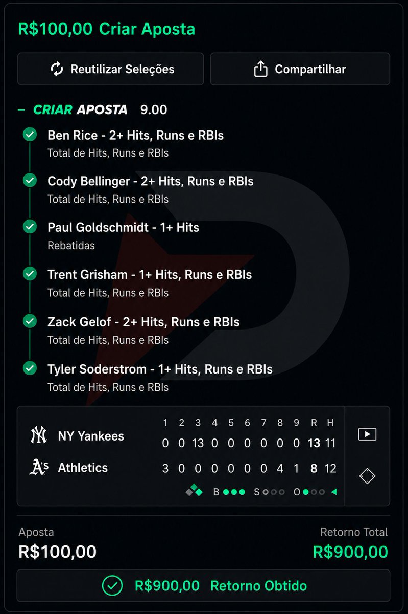 alexscnovaes's tweet photo. PAGA ODD 9
#dashtips #mlb #beisebol #green #yankees https://t.co/bJvoclO6My
