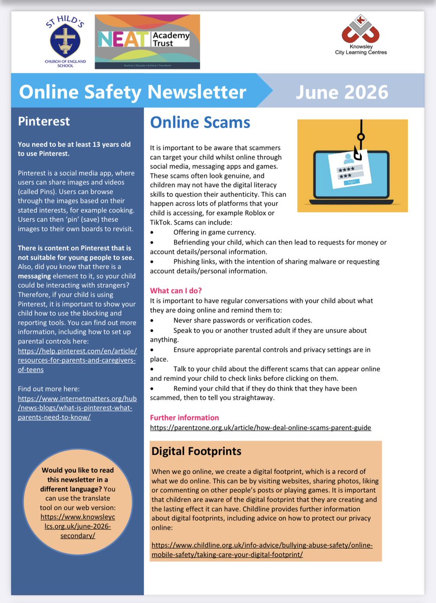 sthildsSafety's tweet photo. Our June edition of the online safety newsletter has just been emailed out and is available on the school website. @StHildsSchool https://t.co/iUNubAkh6D