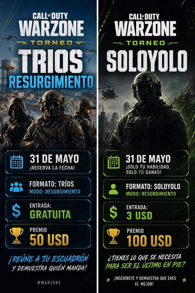 Ronin3Sports's tweet photo. 📷 TORNEO WARZONE 📷
📷 Tríos Resurgimiento 📷 Premio: $50 USD 📷 Soloyolo 📷 Premio: $100 USD
📷 31 de mayo
¿Tienes lo necesario para llevarte la victoria? 📷
📷 Sigue la transmisión en vivo: https://t.co/OkK9C58vVo
#Warzone #CODWarzone #Esports #Gaming https://t.co/f9F2oqnQr8