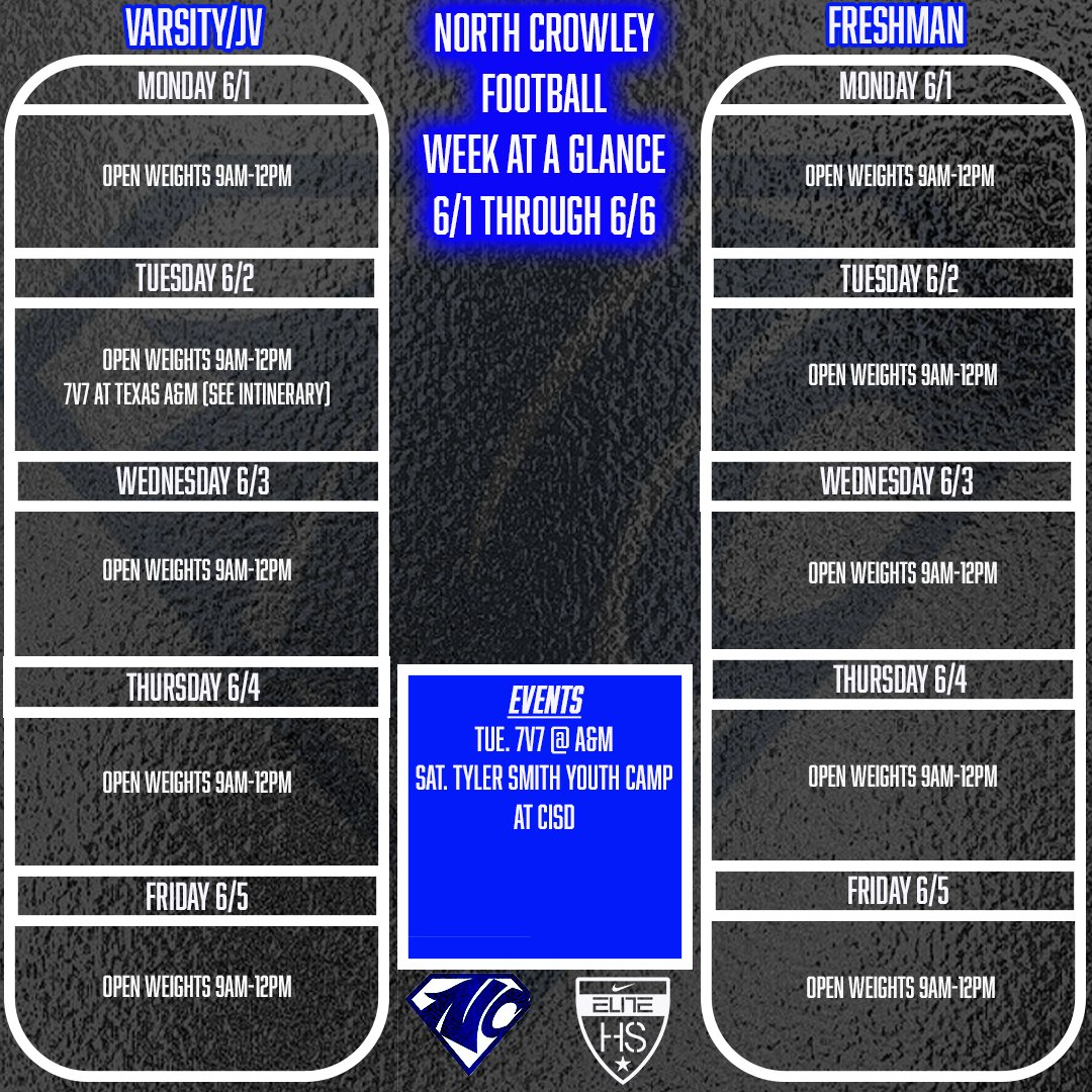 NorthCro_FB's tweet photo. Week at a Glance for June 1st through June 6th!

Reminder to have physicals and Rankone completed as we start our summer strength and speed workout program next week!

#DFAM #DPS #NC2ST6TE https://t.co/qQaYlukXpj