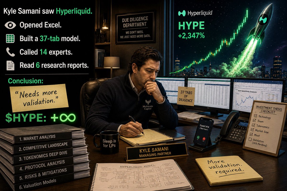 kriptodananlar's tweet photo. @CryptoHayes @KyleSamani Kyle Samani saw Hyperliquid.

Opened Excel.

Built a 37-tab model.

Called 14 experts.

Read 6 research reports.

Conclusion:

“Needs more validation.”

$HYPE: +∞ https://t.co/B7aE4KBk3X