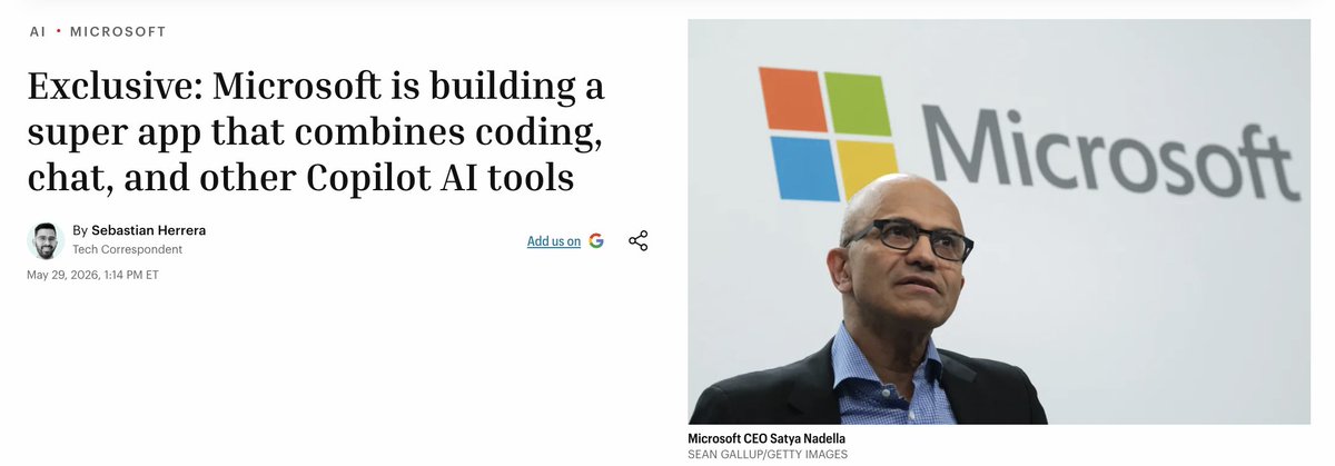 WesRoth's tweet photo. Microsoft is reportedly building a Copilot “super app” that combines its major AI tools into one central interface.

The app would bring together GitHub Copilot, Copilot chat, Copilot Cowork, Microsoft 365 Copilot accounts, and a new agentic workflow capability internally called Autopilot.