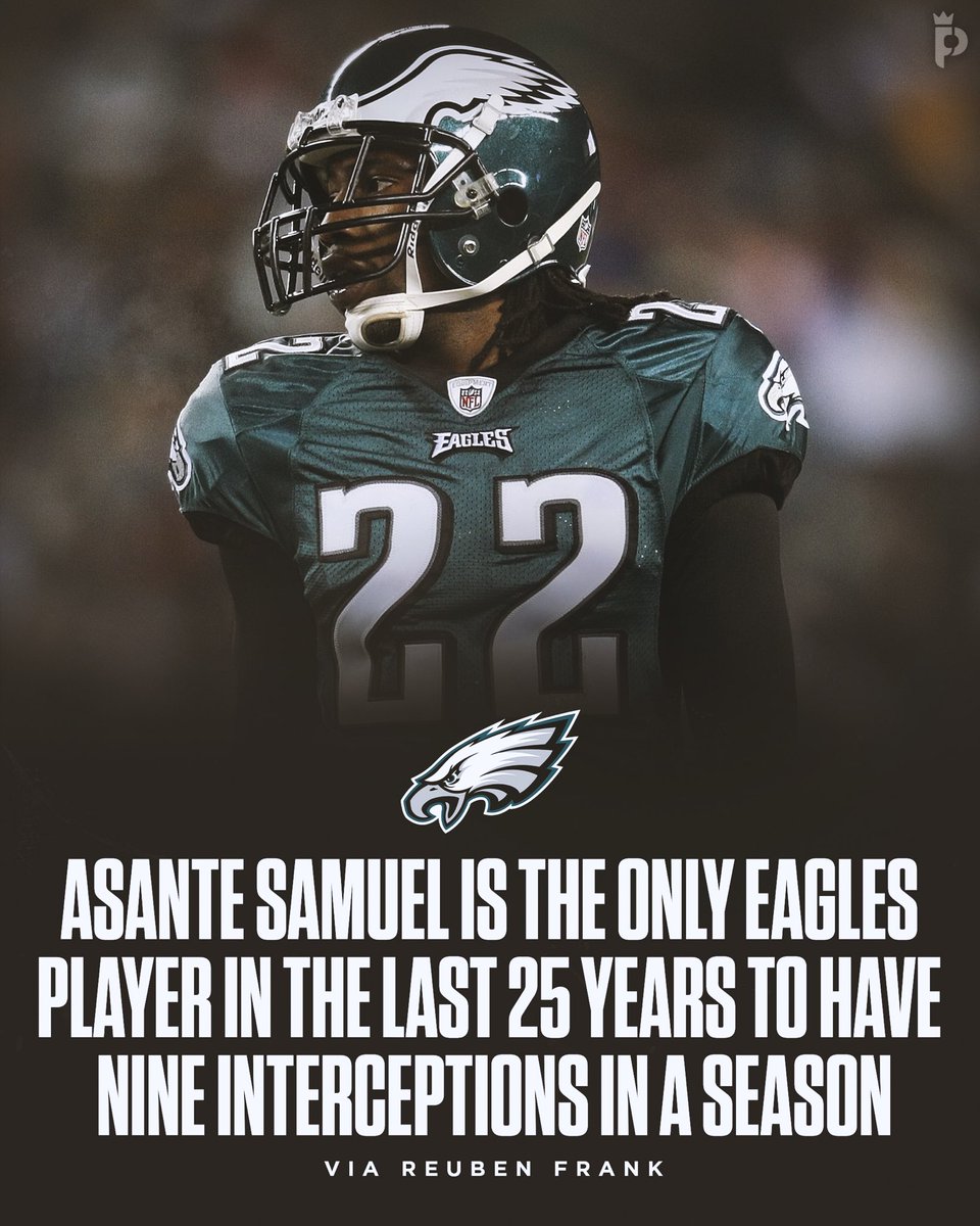 freshprincephi's tweet photo. Asante Samuel is the only Eagles player in the last 25 years to have nine interceptions in a season. 🔒 

No other Eagles player has even reached seven interceptions in that span. https://t.co/8WDDIWRL0t