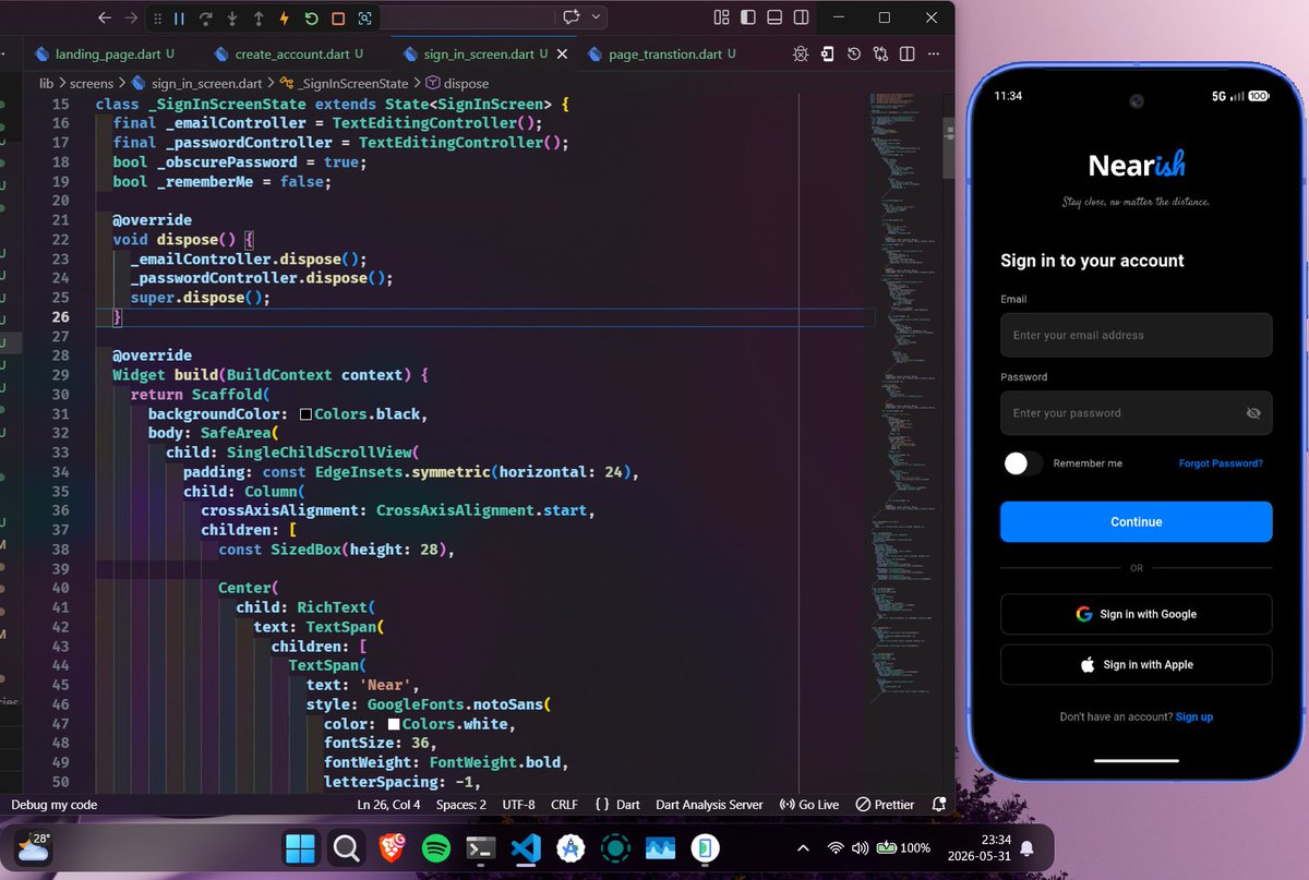 notkingmelies's tweet photo. @dv_neem
Day 2 of #100DaysOfCode — building Nearish, a messaging app 📱auth flow + animations done. firebase next. #Flutter #BuildInPublic #MadeWithFlutter https://t.co/SyJlsDmorp