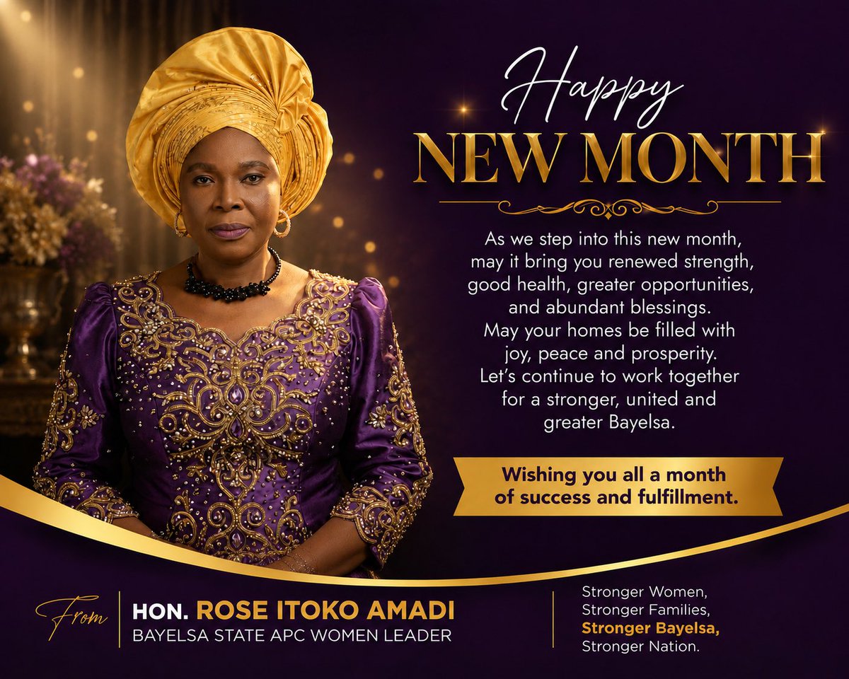 Amadi_Itoko's tweet photo. HAPPY NEW MONTH!
I celebrate all APC women across Bayelsa State as we step into the month of June. May God bless you with renewed hope, favor, peace, and prosperity. May this month bring open doors, success, and countless reasons to rejoice.
Happy New Month to our great APC Women https://t.co/8SP06f0XSG