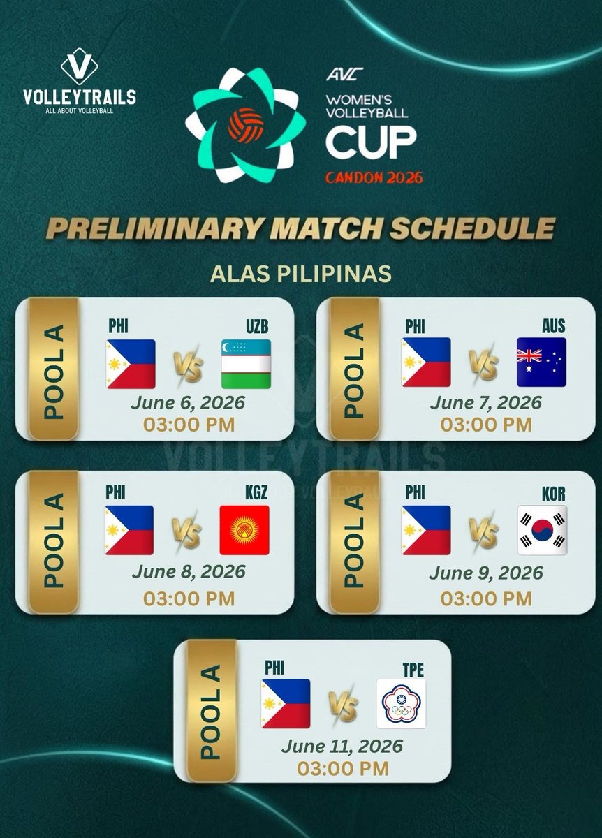 volleytrails's tweet photo. Here is the UPDATED preliminary round schedule of 🇵🇭 Alas Pilipinas for the 2026 AVC Women’s Volleyball Cup!

#AVCCup2026 #AlasPilipinas #volleyball https://t.co/uBii86WsV1