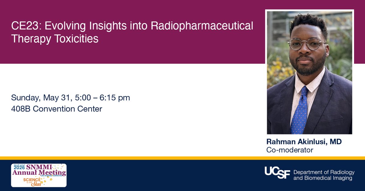 UCSFimaging's tweet photo. Radiopharmaceutical therapy is advancing fast &amp; so is our understanding of its toxicities. Dr. Rahman Akinlusi co-moderates the #SNMMI26 session on evolving insights into RPT toxicities, where clinicians &amp; researchers examine what we know &amp; what still needs answers. @SNM_MI https://t.co/Py9L3YxdU2