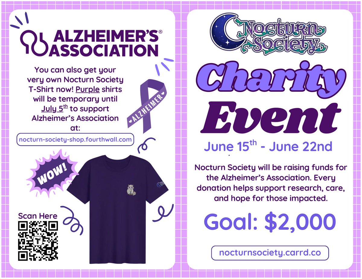 NocturnSociety's tweet photo. Nocturn Society will be hosting a charity event on June 15 - June 22nd for the @alzassociation!

You can now get your very own Nocturn Society MERCH at https://t.co/tcGAZ9SK89. Purple shirts will be from now UNTIL July 5th!

You can donate here: https://t.co/KLiUQ3wxkR

#charity https://t.co/z7QNUS6SH0