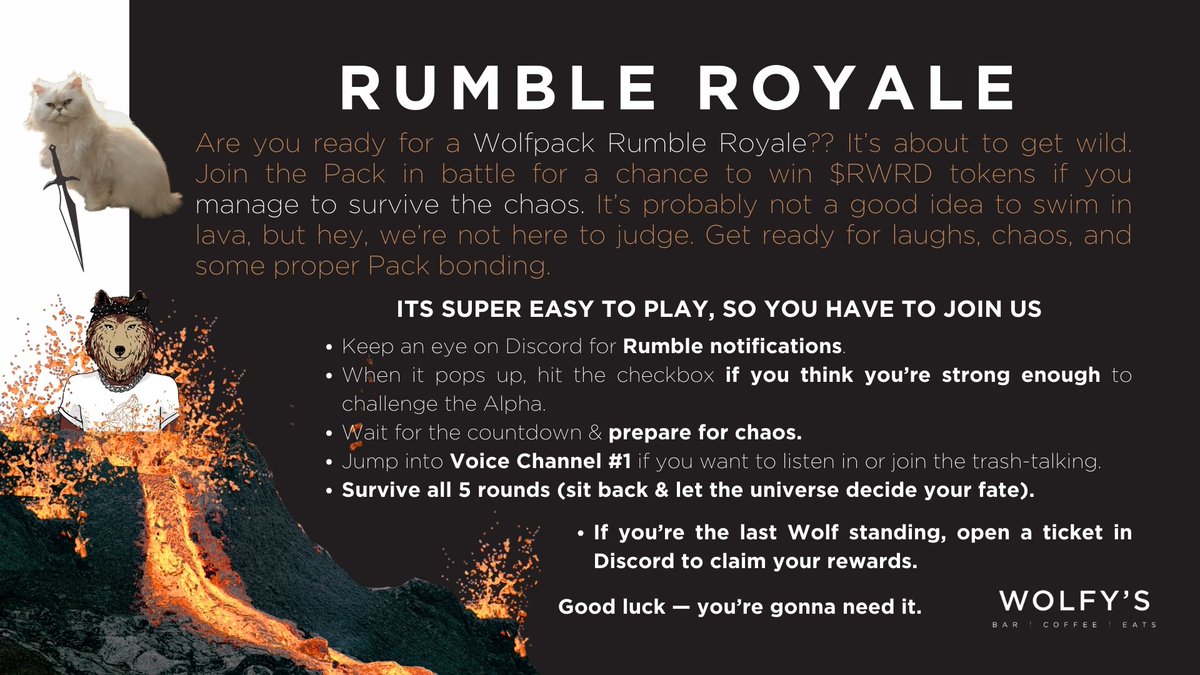 WolfysBar's tweet photo. Wolfpack Rumble Royales are bringing wild chaos and unforgettable moments to the Pack.

Keep an eye on Discord throughout the day for surprise battles where you can win $RWRD tokens.

Just remember… lava swims are rarely a good idea, but the laughs are always worth it. https://t.co/Oxlz7xspvj