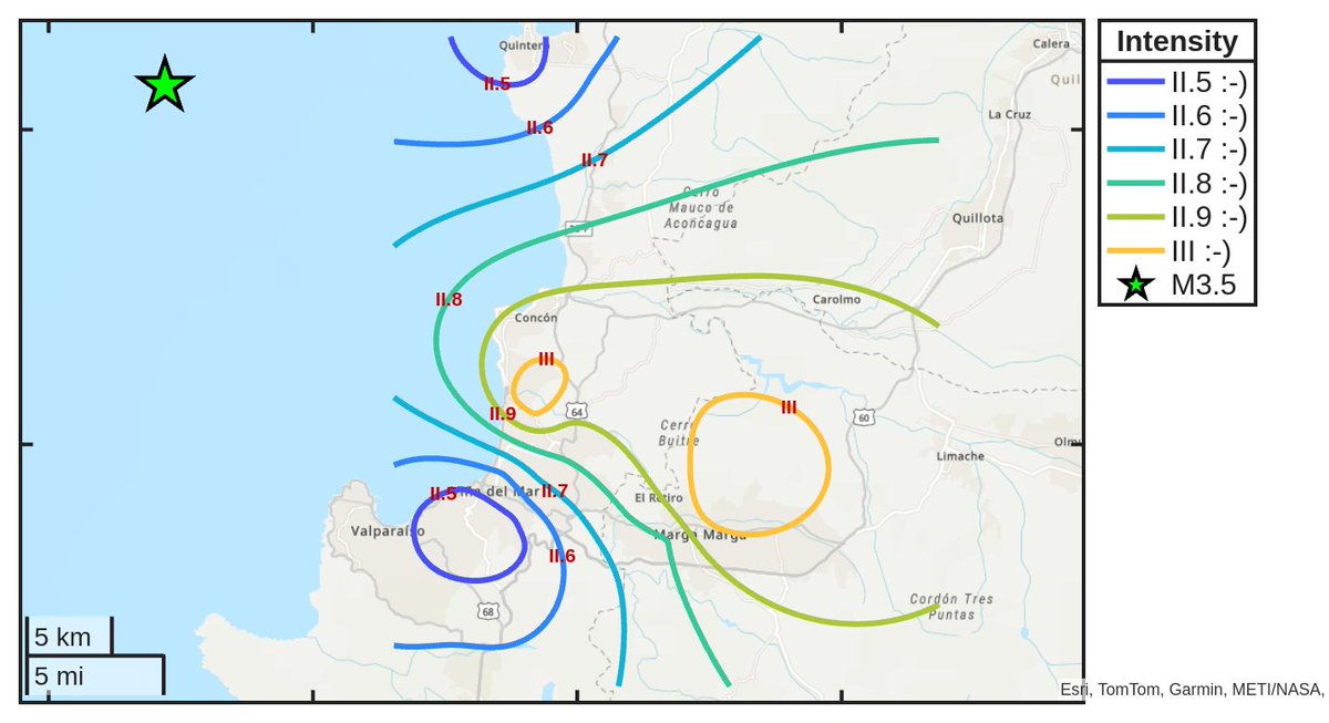 SismoDetector's tweet photo. Mapa de intensidad del #sismo M3.5 ocurrido a las 23:16:14 (UTC) con epicentro a 29 km de #Valparaíso, Chile. Descarga la app Sismo Detector desde https://t.co/jS9crK4Riw para recibir alertas en tiempo real en tu smartphone https://t.co/tHlKHFWzbe
