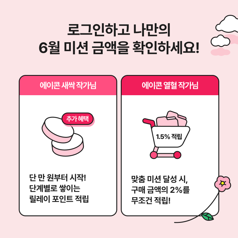 ACON3D's tweet photo. 💰 ACON 6월 구매적립 챌린지 OPEN 💰

5월보다 더 커진 보상✨
평소처럼 쇼핑만 해도 포인트가 쑥쑥!

최대 4,000P를 받을 수 있어요! 🛒

지금 내 목표 금액 확인하기 → https://t.co/OykpP4eWz2 https://t.co/24D3gMeZss
