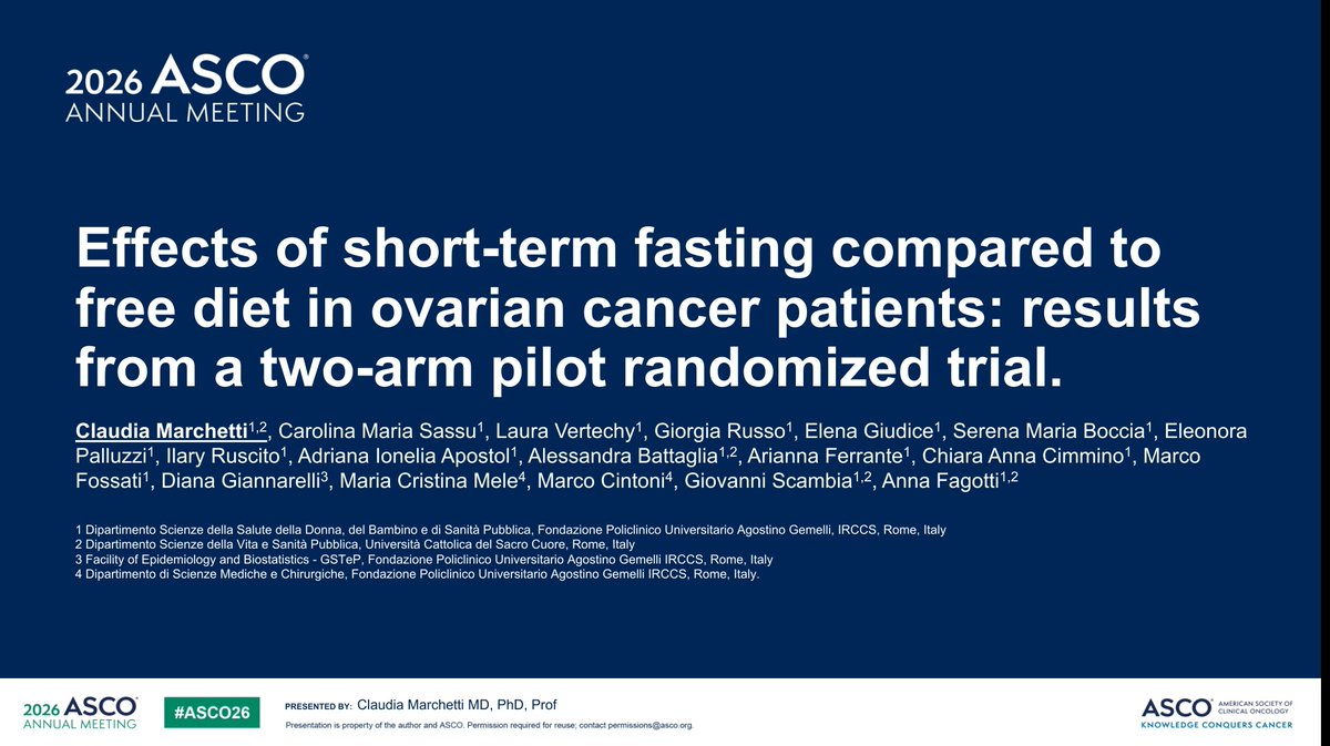 SuyogCancer's tweet photo. Short-term fasting during neoadjuvant chemotherapy for advanced ovarian cancer is one of the more intriguing non-drug interventions presented at #ASCO2026.

The study met its primary endpoint: fasting prevented the chemotherapy-associated rise in insulin levels and demonstrated a favorable metabolic shift.

The headline result was a PFS signal: 
• mPFS 38 months with fasting vs 24 months with free diet •
 HR 0.26 • Log-rank p=0.045

Before we get too excited, several important limitations deserve attention:

🔹 Only ~18 patients per arm after exclusions
 🔹 Trial was powered for insulin changes, not PFS 
🔹 Open-label design 
🔹 Borderline statistics (95% CI 0.06–1.00; Cox p=0.056)
 🔹 Multiple secondary and exploratory analyses increase the risk of false-positive findings 
🔹 BRCA-mutated patients were more common in the fasting arm (50% vs 33%), which could influence outcomes 
🔹 Median follow-up was only 16 months despite reporting a large difference in mPFS
 🔹 Immune findings were hypothesis-generating with p-values around 0.06–0.07 
🔹 Analysis appears vulnerable to selection bias from withdrawals and compliance-related exclusions

The most convincing finding is that short-term fasting is feasible and biologically active, affecting insulin and metabolic pathways.

The least convincing finding is a 14-month absolute PFS improvement from a dietary intervention in a 36-patient study.
Interesting study. 
But extraordinary efficacy claims require validation in a larger multicenter randomized trial before fasting enters routine ovarian cancer practice.
@OncoAlert
@ASCO #asco26
