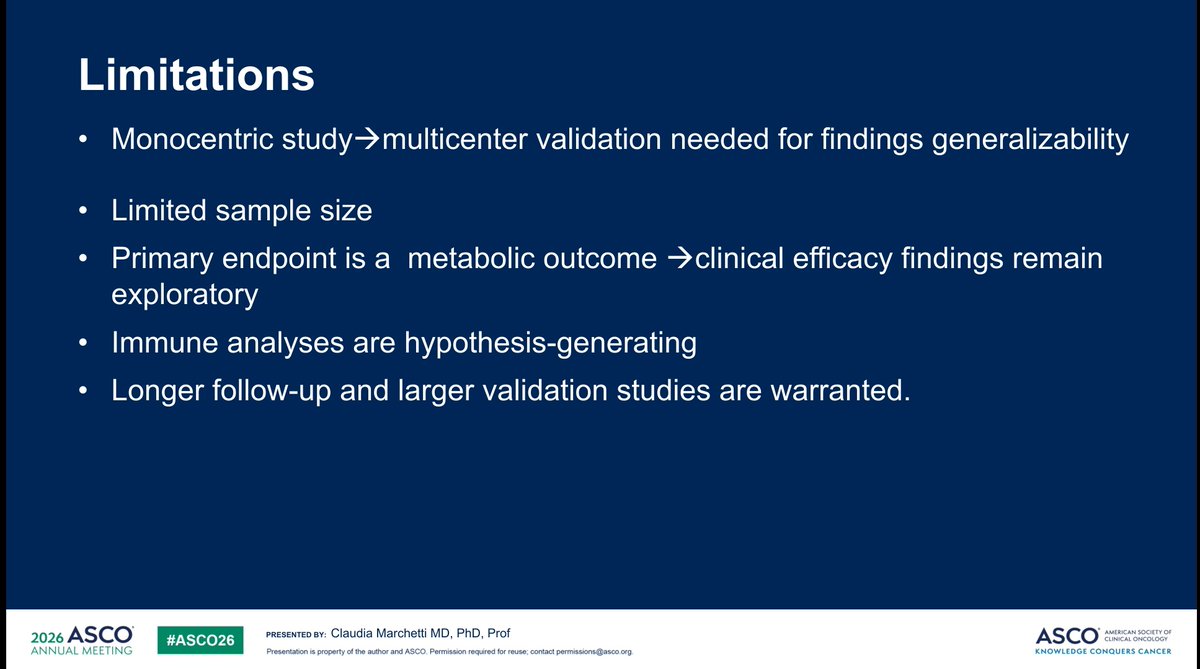 SuyogCancer's tweet photo. Short-term fasting during neoadjuvant chemotherapy for advanced ovarian cancer is one of the more intriguing non-drug interventions presented at #ASCO2026.

The study met its primary endpoint: fasting prevented the chemotherapy-associated rise in insulin levels and demonstrated a favorable metabolic shift.

The headline result was a PFS signal: 
• mPFS 38 months with fasting vs 24 months with free diet •
 HR 0.26 • Log-rank p=0.045

Before we get too excited, several important limitations deserve attention:

🔹 Only ~18 patients per arm after exclusions
 🔹 Trial was powered for insulin changes, not PFS 
🔹 Open-label design 
🔹 Borderline statistics (95% CI 0.06–1.00; Cox p=0.056)
 🔹 Multiple secondary and exploratory analyses increase the risk of false-positive findings 
🔹 BRCA-mutated patients were more common in the fasting arm (50% vs 33%), which could influence outcomes 
🔹 Median follow-up was only 16 months despite reporting a large difference in mPFS
 🔹 Immune findings were hypothesis-generating with p-values around 0.06–0.07 
🔹 Analysis appears vulnerable to selection bias from withdrawals and compliance-related exclusions

The most convincing finding is that short-term fasting is feasible and biologically active, affecting insulin and metabolic pathways.

The least convincing finding is a 14-month absolute PFS improvement from a dietary intervention in a 36-patient study.
Interesting study. 
But extraordinary efficacy claims require validation in a larger multicenter randomized trial before fasting enters routine ovarian cancer practice.
@OncoAlert
@ASCO #asco26