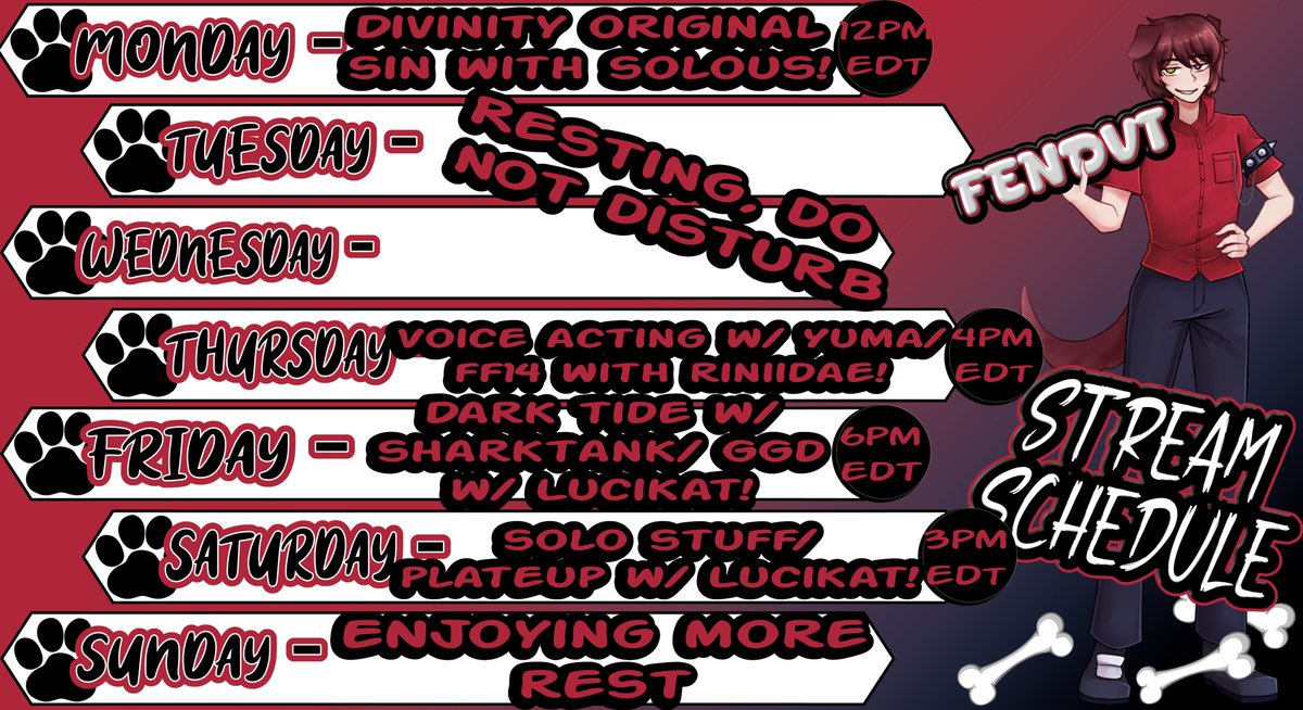 FendVT's tweet photo. Whaat? a schedule immediately after a full weekend event? YES! I'm taking my break after I play some Divinity with @SolousVT! Anyway I'm going to be taking it super easy this week, got a lot to catch up on and upload

thanks MastrLGN for the template! https://t.co/6gxpnoQiuR