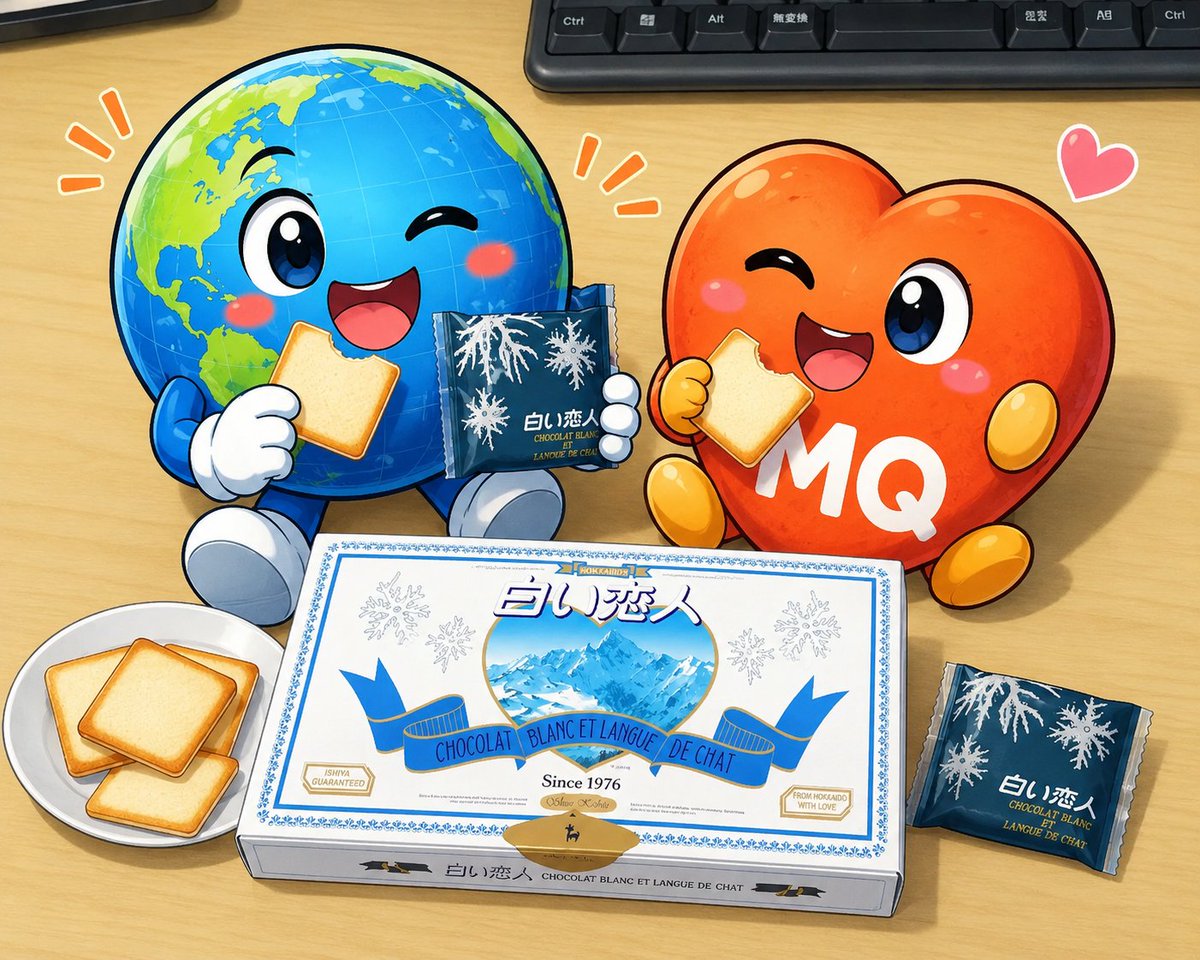 MQJP's tweet photo. こんにちは🌎🧡
台風が近づいておりますね。今日の豊橋はまだまだ晴れてますが、影響を受けてしまう方々、お気をつけてお過ごしください🌀

展示会（#ミライコレクション）に参加した担当者から、定番の（リクエストの）白い恋人！！今日のおやつ😊
アス坊とえむきゅんといただきます😊 https://t.co/v27tWvjROH