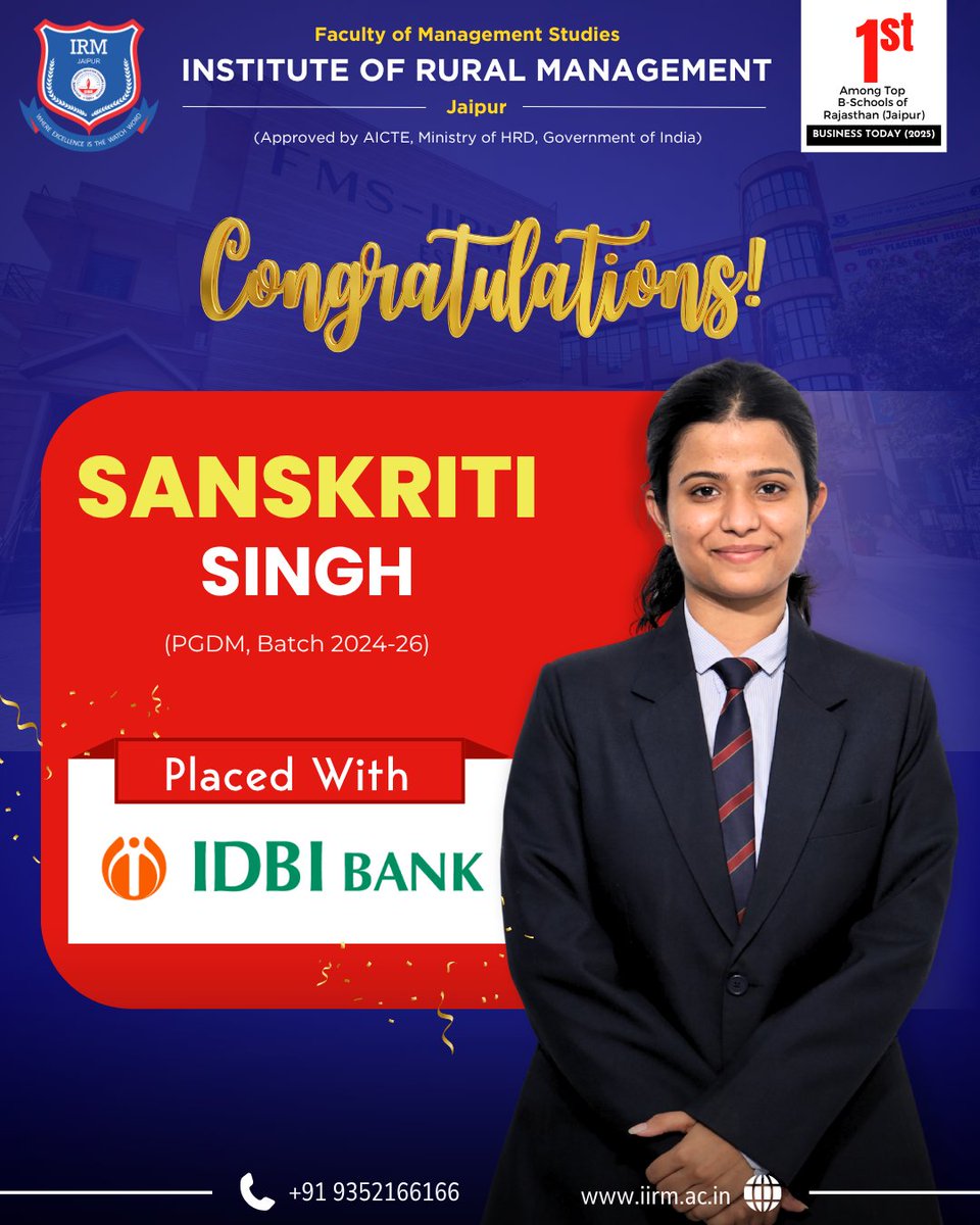fmsirm's tweet photo. Congratulations to Sanskriti Singh (PGDM 2024–26) on her placement with IDBI Bank. 
This achievement reflects her hard work, dedication, and professional excellence.
#FMSIRM #campusplacement #indiastopbschool #PGDM #MBAplacement #Managementexcellence #FMSRajasthan https://t.co/YVlqw3GgOE