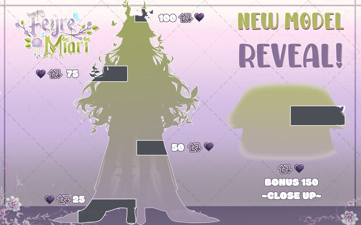 FeyreMiari's tweet photo. 🌱New Model Sneak Peek 💜

To keep the BIG surprise hype for the debut stream (TBA - August) I thought we could start off with a little hype sneak peek reveal instead!! Unlock sections to see what is hiding underneath! 🤫

Help 💗 & 🔁 to Reveal parts of me! 

.ೃ࿔* ˖ ✧ ♡⸜(˶ᵔ ᵕ ᵔ˶ )⸝