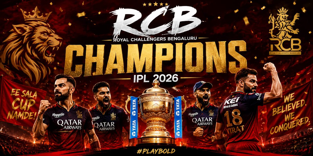 IXG2024's tweet photo. 🏆 THE WAIT IS OVER. @RCBTweets ARE IPL CHAMPIONS 2026. 🏆
Congratulations to the entire team, management, and the 12th man - the fans.
#RCB #IPL2026 #RCBChampions #EeSalaCupNamde #RCBForever #Cricket #Champions #Bengaluru #RedAndGold #FinallyOurs #Influenceexchangegroup https://t.co/pJaCp6jpcA
