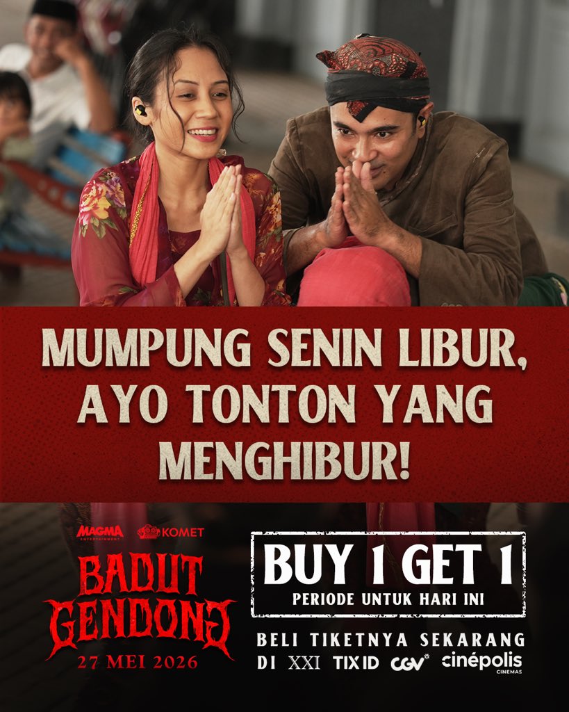 CharlesGozali's tweet photo. Senin libur? Yuk nonton Badut Gendong rame-rame, dijamin terhibur!🥳

Ada promo Beli 1 Gratis 1 yang bisa kamu pakai biar makin banyak bisa ajak-ajak.

Yuk beli tiketnya sekarang!

#BadutGendong #UniverseQodrat https://t.co/I4Qv51VpNz