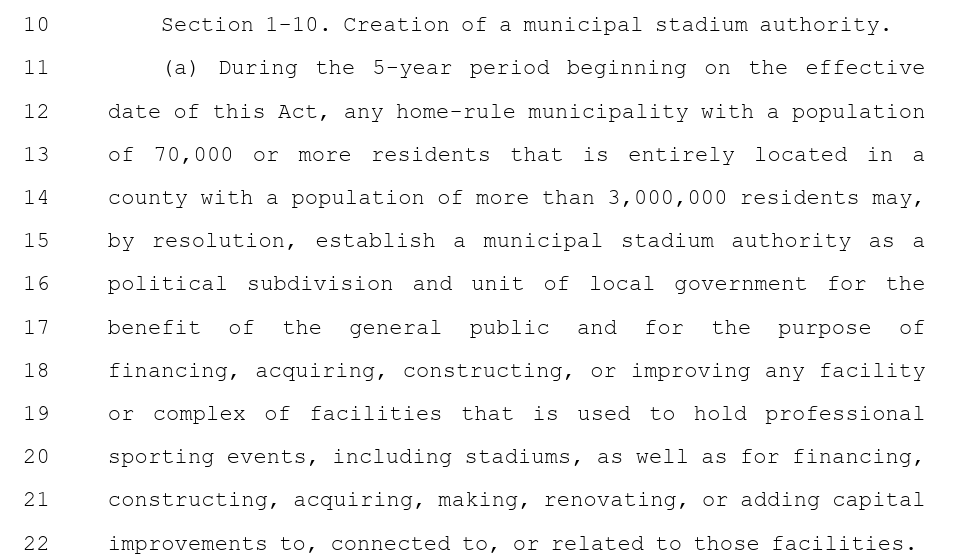 BrianCostin's tweet photo. Ok. Beginning a Deep Dive. Big problem on page two. ARLINGTON HEIGHTS would be INELIGIBLE for a Stadium Authority to attract a BEARS Stadium.

The bill allows a Municipal Stadium authority  in communities over 70,000 ENTIRELY LOCATED in Cook County. This is a problem because a small portion of Arlington Heights is in Lake County, which would make it ineligible. 

LOL. Amateur Hour or deliberate sabotage by Chicago?