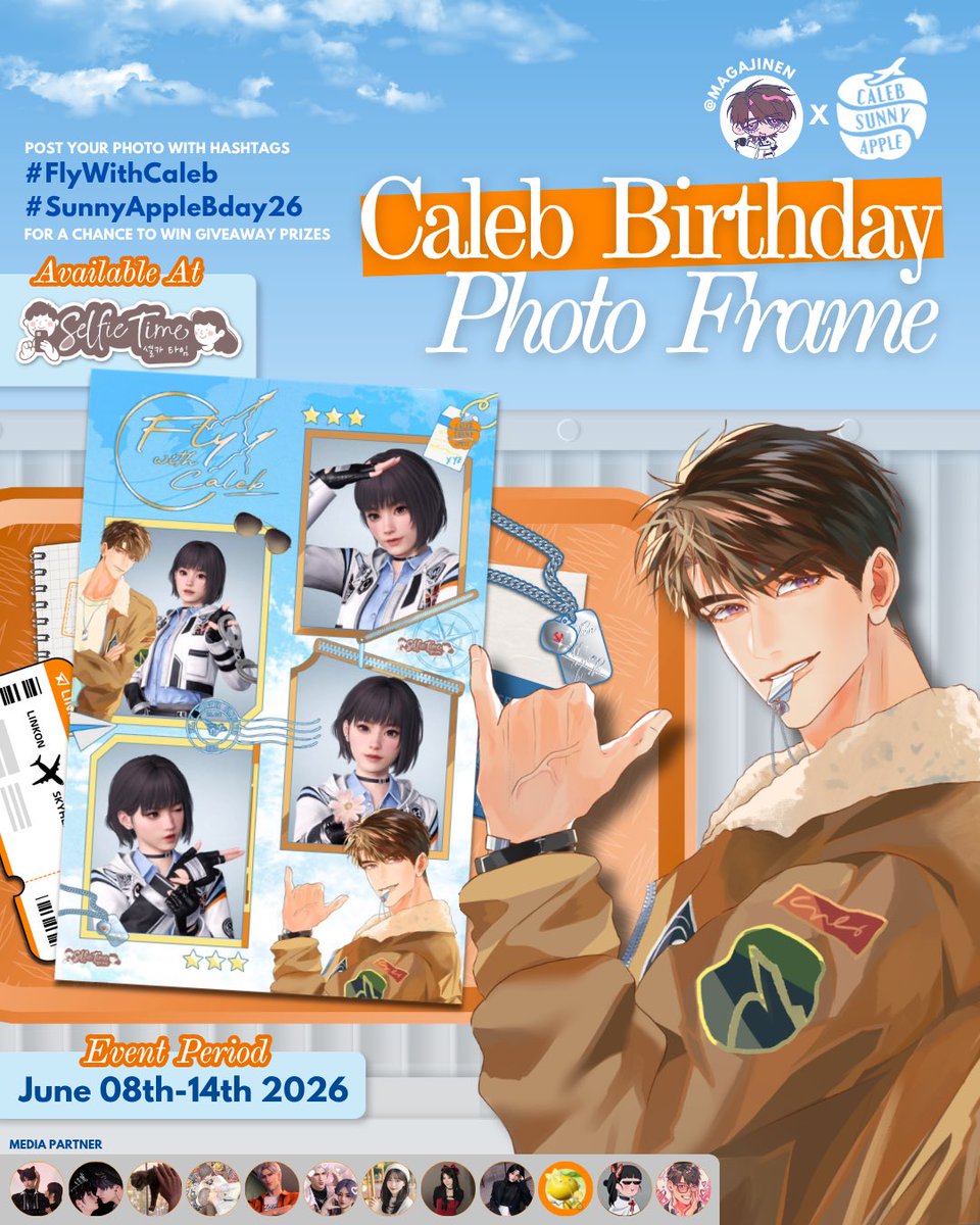 Ruoxicyh's tweet photo. Fly With Caleb for Caleb’s Birthday Photoframe Event 2026

🗓️ June 8-14th, 2026
📍 All @selfietimeid Indonesia
🎨 Art &amp; frame by @magajinen
🧡 by @juha_indeepspace x @calebsunnyappl3 

Post your photo with hashtags #FlyWithCaleb and #SunnyAppleBday26 for a chance to win giveaway https://t.co/6G4Dp1tZEA