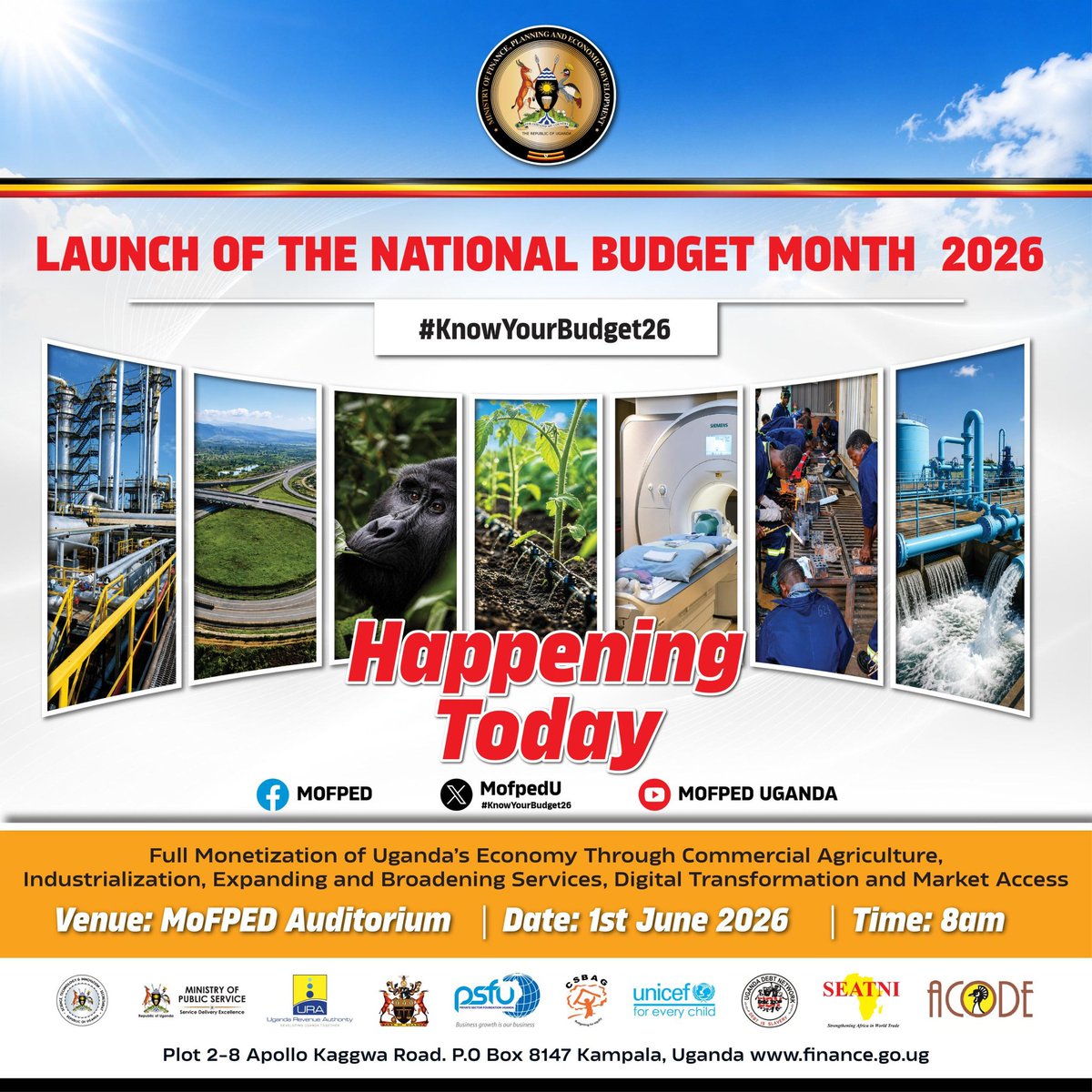mofpedU's tweet photo. BUDGET MONTH FY 2026/27:
We are launching the Budget Month activities today ahead of the national  budget reading on Thursday 11th June 2026.

We will inform Ugandans about the priorities of Gov't for the next financial year and how we are going to mobilise the required resources to finance these priorities.

Ugandans should be ready to tap into the opportunities that are emerging out of the strategic growth areas(ATMS): Agro-industrialisation; Tourism; Mineral-based industrialisation including oil and gas as well as Science,Technology and Innovation,including ICT and Creative Arts.

We are also prioritising investment in the enablers of the ATMS and these include: Transport infrastructure; Electricity; Irrigation;Social services such as education & health;Industrial Parks and Domestic Resource mobilisation among others.

Here is the link to follow the proceedings live👇👇👇
https://t.co/q9iinAhRlG
#KnowYourBudget26
