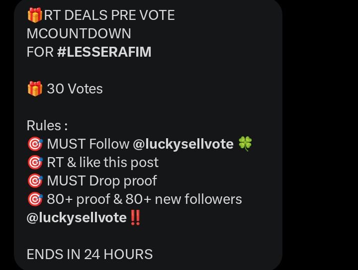 fimnoir's tweet photo. 🎁RT DEALS PRE VOTE MCOUNTDOWN
FOR #LESSERAFIM 

🎁 30 Votes

Rules :
🎯 MUST Follow @luckysellvote 🍀
🎯 RT &amp; like this post
🎯 MUST Drop proof
🎯 80+ proof &amp; 80+ new followers @luckysellvote‼️

ENDS IN 24 HOURS https://t.co/LfCWwEPjAF
