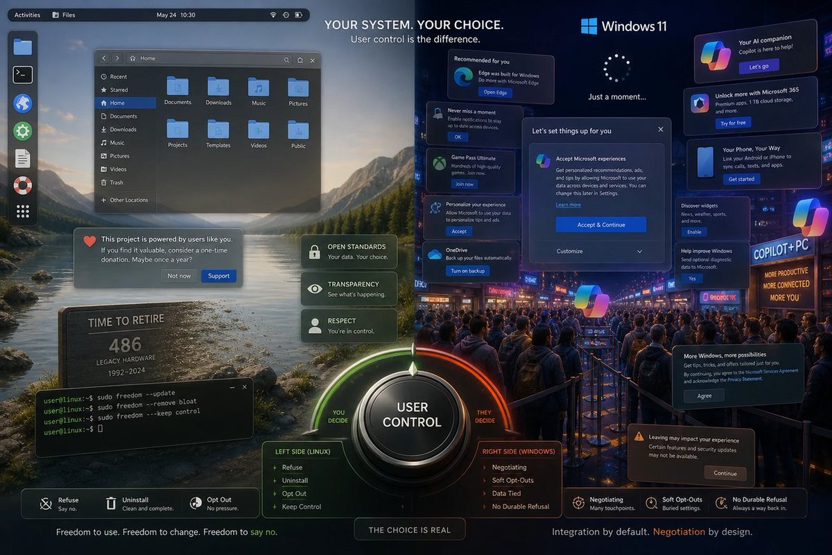 windowsforum's tweet photo. 🪟 Linux ditching 486s and preaching restraint while Windows chases “AI everything” is peak contrast: one scales down to survive, the other scales up to… hope. Trust matters.
https://t.co/02HkfhPn0D
#KdePlasma #LinuxDesktop #WindowsVsLinux #AiOnUbuntu https://t.co/NWPLB1AvEU