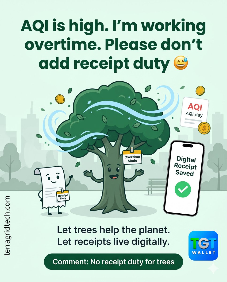 TerraGrid_TECH's tweet photo. I’m already helping with shade, air, cooling, and wildlife

Now you want me to become:
a receipt, folded, lost?

Use TGT
Receipts go digital
Trees keep helping the planet

#TGT #AQI #AirQuality #SaveTrees #DigitalReceipts #EcoTech #PaperlessFuture #CleanAirHabits #GreenMovement https://t.co/5JHRl9UaGD