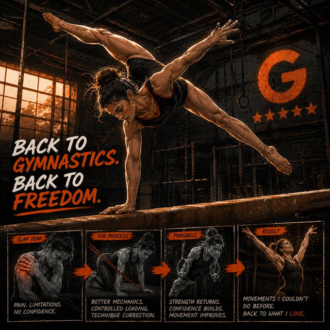 unitygym's tweet photo. One of the hardest things about shoulder injuries is how quickly they take away freedom.  
Especially in gymnastics.  
Movements that once felt natural suddenly feel risky.  You stop trusting the shoulder. 
You hesitate. 
You avoid certain positions completely. 
That’s where Gracie was. 
In her Google review, she explained she was recovering from a SLAP tear when she found Unity Gym.  
And what stood out was this:  She did not just talk about pain relief.  
She talked about getting back to gymnastics faster than she expected.  
That is the real goal for athletes.  
Not just “feeling okay.” Moving confidently again. 
Over the years we’ve noticed that many rehab systems become too focused on protecting the joint.  
But eventually the shoulder needs something else:  Progressive exposure to movement.  
Better mechanics. 
Controlled loading. 
Structural balance. 
Confidence under tension.  
That is one of the biggest differences with the UMS approach.  
The goal is not to avoid movement forever.  
The goal is to rebuild the system so movement becomes possible again.  
Gracie also mentioned how helpful technique correction was during the process.  
That matters.  
Because small mechanical changes can completely change how force moves through the shoulder.  
And often that is what finally allows progress to happen.  
The best part of her review?  
She said she was now able to do movements and exercises she could not do before. 
That is real progress. 
Not just less pain. 
More freedom.  
If you want to understand how to rebuild shoulder strength and confidence after a SLAP tear, comment:  SLAP TEAR  
We’ll send you the full shoulder rehab video for free.  
No opt-in. 
No email. 
Just the framework.