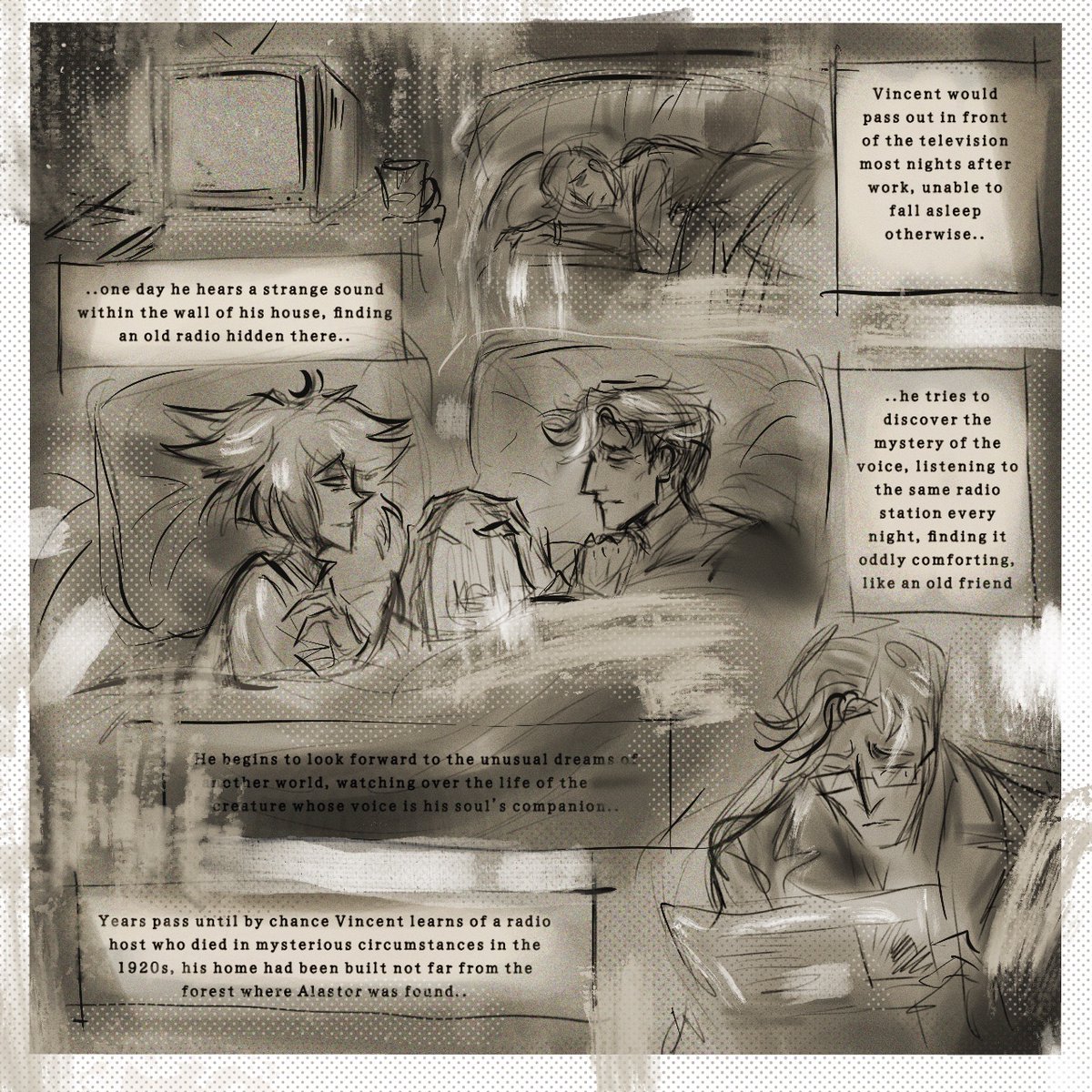 vikvikcloud's tweet photo. Ghost story AU: Vincent hears a strange sound within the wall, finding an old radio hidden there.. he tries to discover its mystery, listening to the same radio voice every night, finding it oddly comforting, like an old friend. He begins to look forward to unusual dreams… https://t.co/XclRgsGbg0