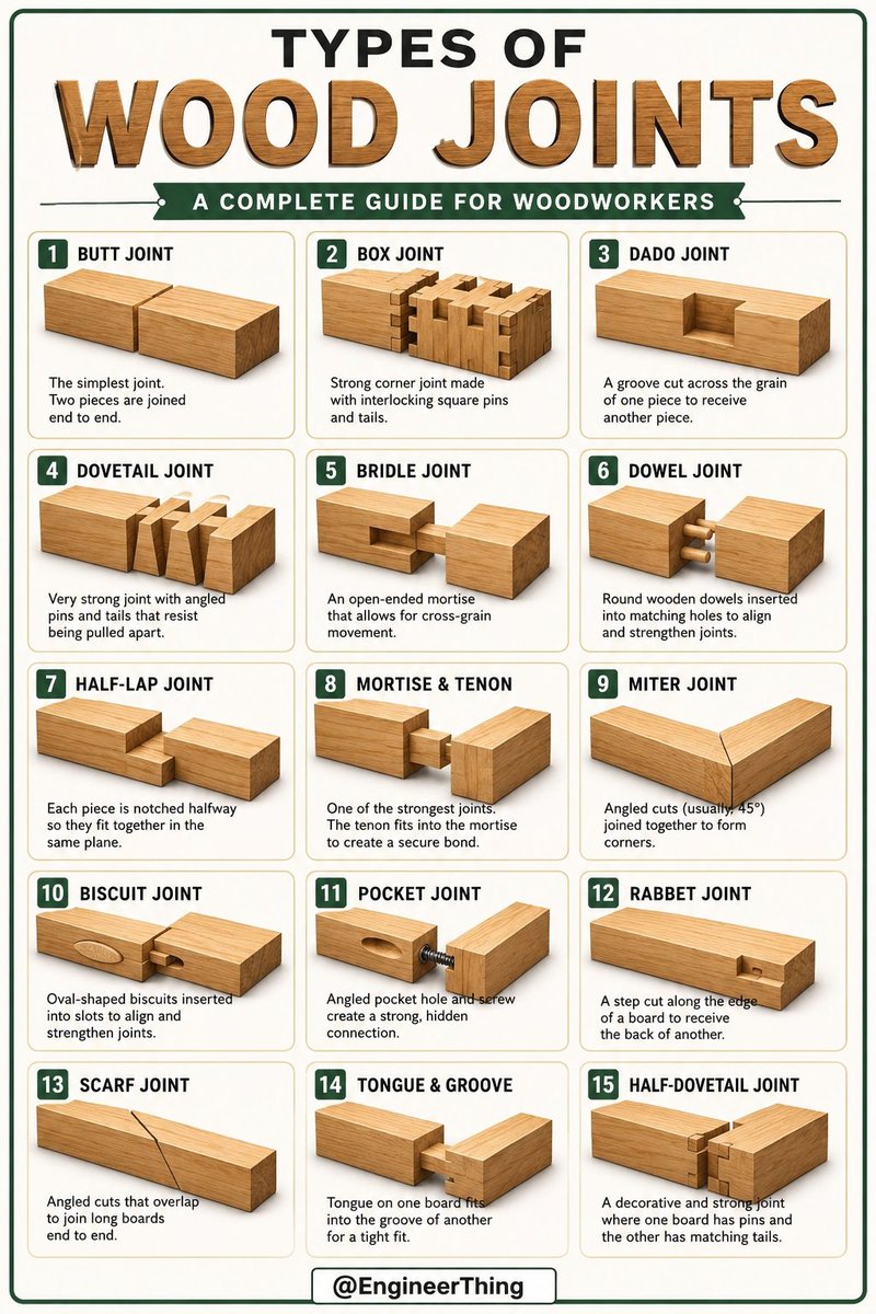 EngineerThing's tweet photo. Types of Wood Joints https://t.co/Pbsl8zAh34
