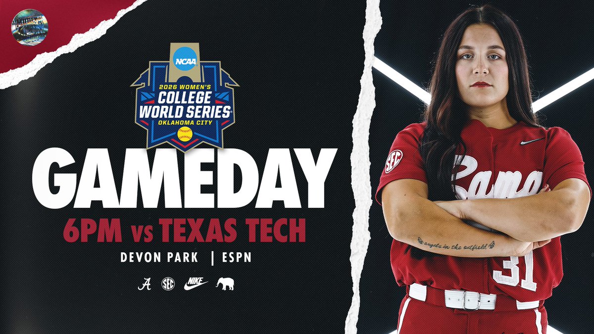 UA_Athletics's tweet photo. Alabama faces Texas Tech tonight in the WCWS Semifinals!

🆚 Texas Tech
⏰ 6 PM CT
📍 OKC
📺 ESPN

#RollTide | @AlabamaSB https://t.co/kjzDV43kqq