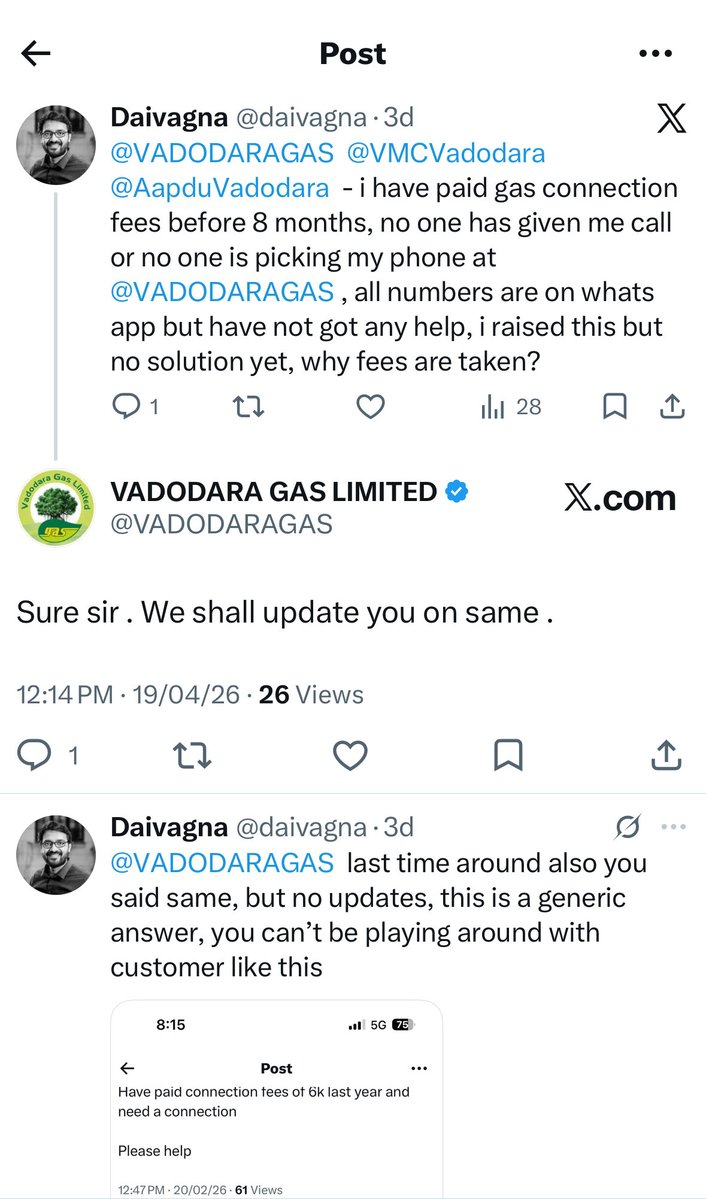 daivagna's tweet photo. @ourvadodara  @VADODARAGAS  @VMCVadodara i have been tweeting about this from last 6 months, no one has helped yet

I have paid fees of gas connection from a year, no one has called me or entertained me, don’t push customer to their limits, my bottle connection is expiring https://t.co/tHYFFp18ae