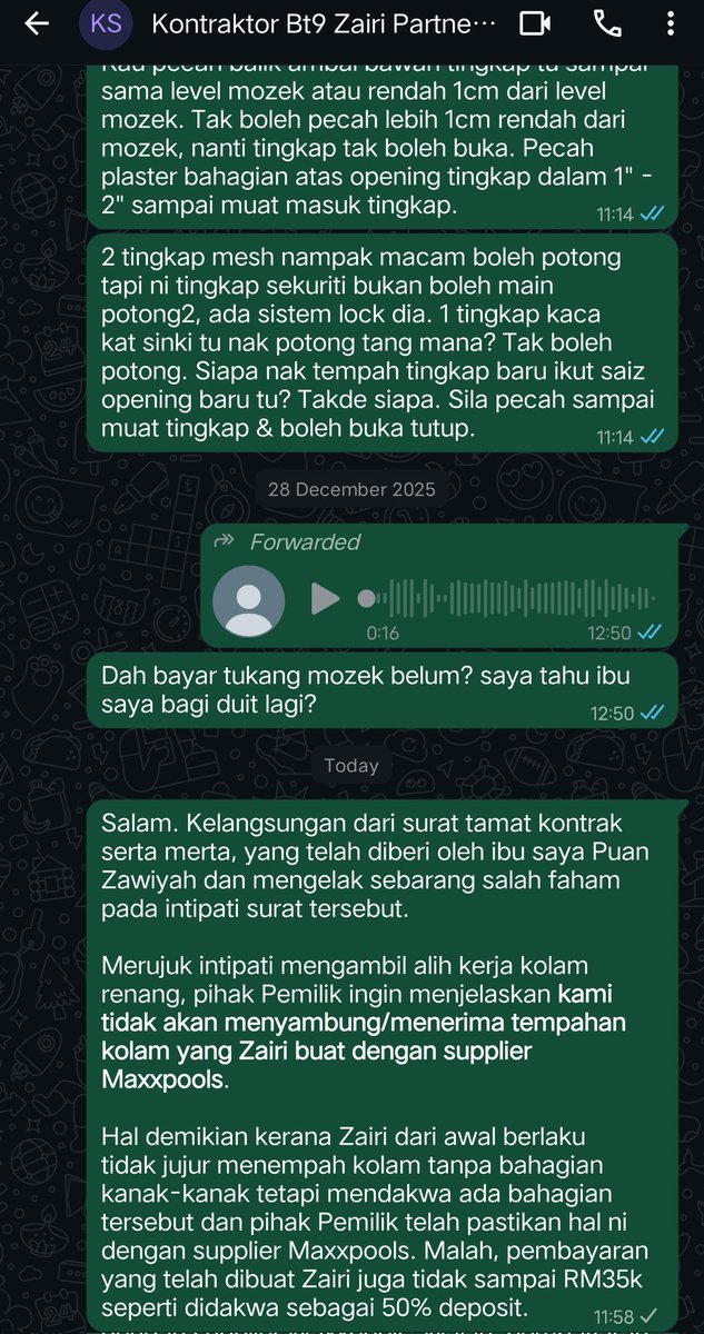 SyamimiFakri's tweet photo. Pagi ni aku cuba nak pastikan Muhamad Sazairi si penipu songlap dana projek Bt9, tak assume kitorang sambung/terima kolam dari supplier dia, so aku wasap la dia pagi ni. Dah kena block rupanya patutla, seminggu lebih dah tak nampak perangai narsis dia. https://t.co/w3QFSvuIq8