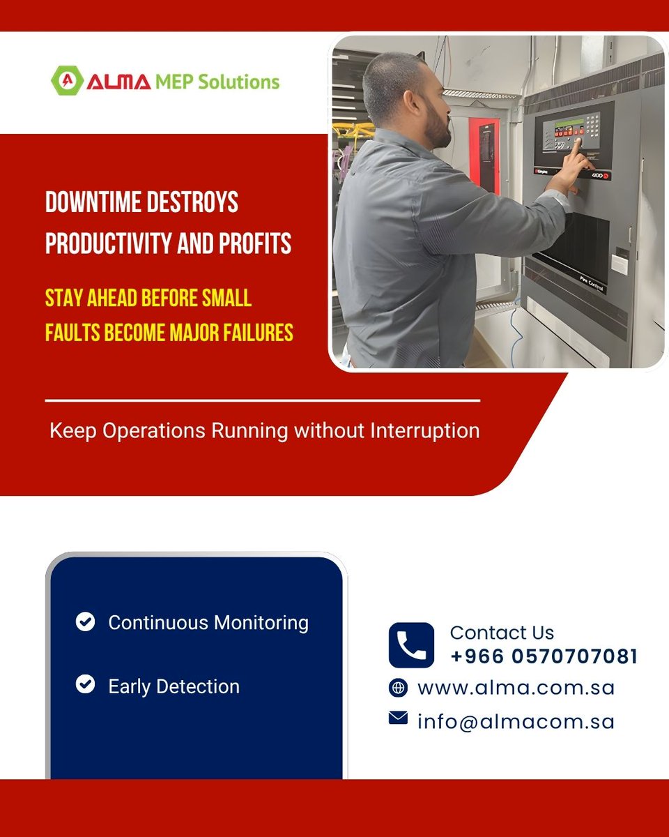 alma_security's tweet photo. Downtime doesn't just slow operations—it impacts productivity, profitability, and customer satisfaction.
At ALMA MEP Solutions
🌐 https://t.co/JJm0LJ5s58
📧 info@almacom.sa
#ALMAMEPSolutions #FacilityManagement #MEPServices #PreventiveMaintenance #BuildingMaintenance #Industrial https://t.co/zBRk8sp6Z2