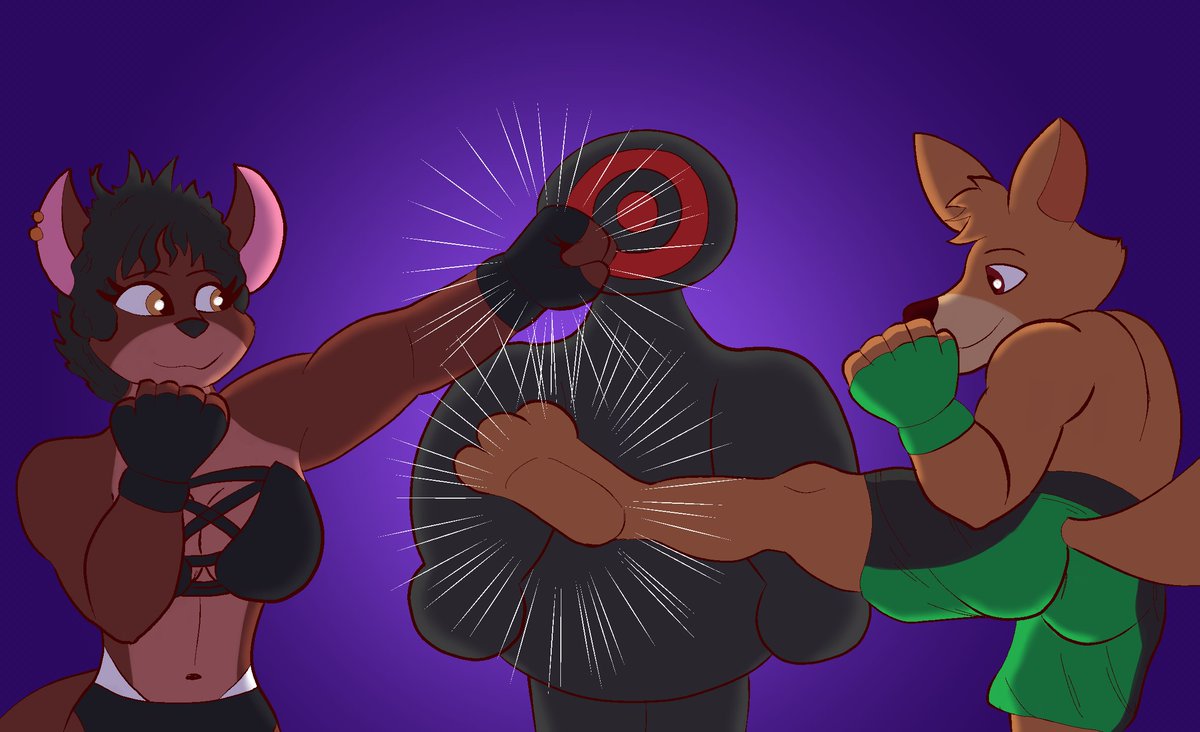 RogerRedcliffe's tweet photo. Commission for Mangoloon. Clint and Contessa, a roo couple, are working out together on their hits, with the training dummy. They love to spend time together, as the couple they are, specially on this way :3 https://t.co/0MGbb0Saow