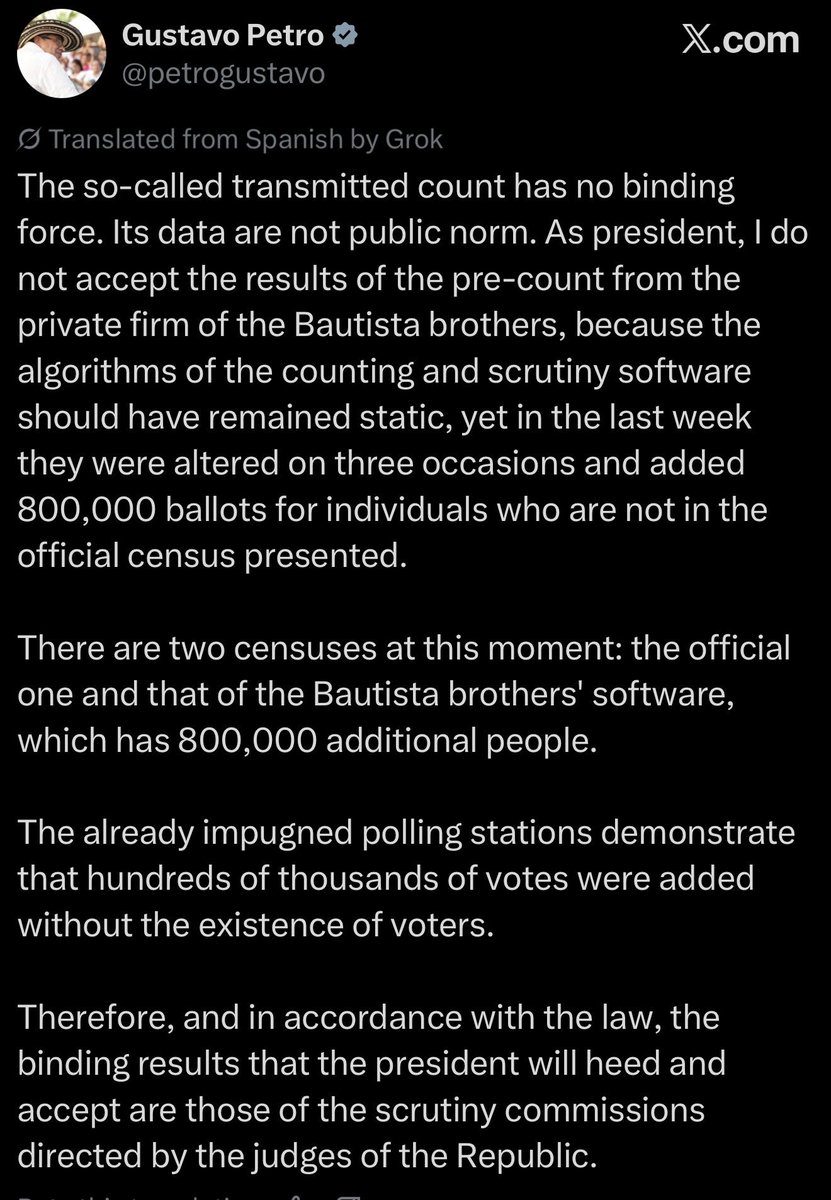 guyferson's tweet photo. Abelardo de la Espriella has won the first round of the Colombia Elections 

The socialist Gustavo Petro is obviously not accepting this.

But notice percentages — Abelardo received 43.7% of the vote 

Paloma Valencia got 6.9%

You need over 50% to win in the Firs Round in Colombia 

As I mentioned earlier Paloma should have backed Abelardo similar to how RFK Jr did with Trump in 2024.

She may be a good candidate, may have put a lot into it — but she knew wasn’t going to win

It could have been over today.

Now Abelardo will face Cepeda in the second round.

Never underestimate what leftist will do to stay in power. It’s never a good idea to give them breathing room.

That’s something that needs to be destroyed with no waste of time.