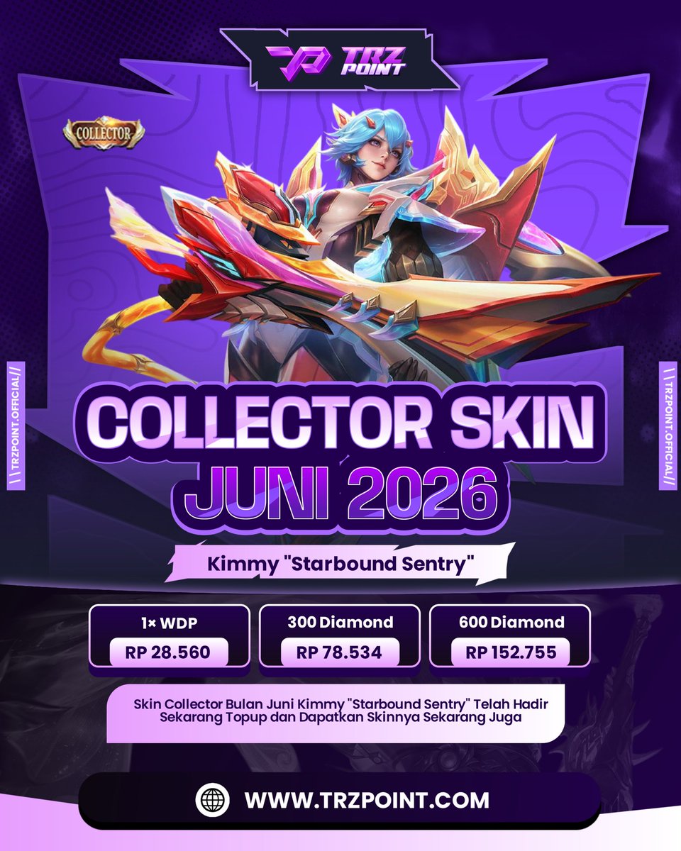 TrzPoint's tweet photo. 🌟 Kimmy "Starbound Sentry" resmi hadir sebagai Collector Skin Juni 2026! ✨
Tampilan futuristik, efek skill memukau, dan animasi eksklusif siap membuat Kimmy tampil lebih mewah di Land of Dawn 🚀🔥
#trzpoint #mobilelegends #kimmy #collectorskin #mlbb https://t.co/esCNSLXTaO