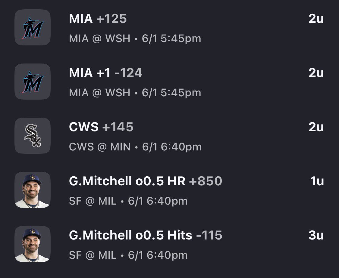RobDFB's tweet photo. Monday MLB Bets (06/01/26) ⚾️:

Also Included:
2u Jonah Cox (SFG) o0.5 Hits (-146)

3u Jacob Gonzalez (CWS) o1.5 H+R+R (+120)
1u Jacob Gonzalez (CWS) HR (+530) https://t.co/yBrxinYZhM