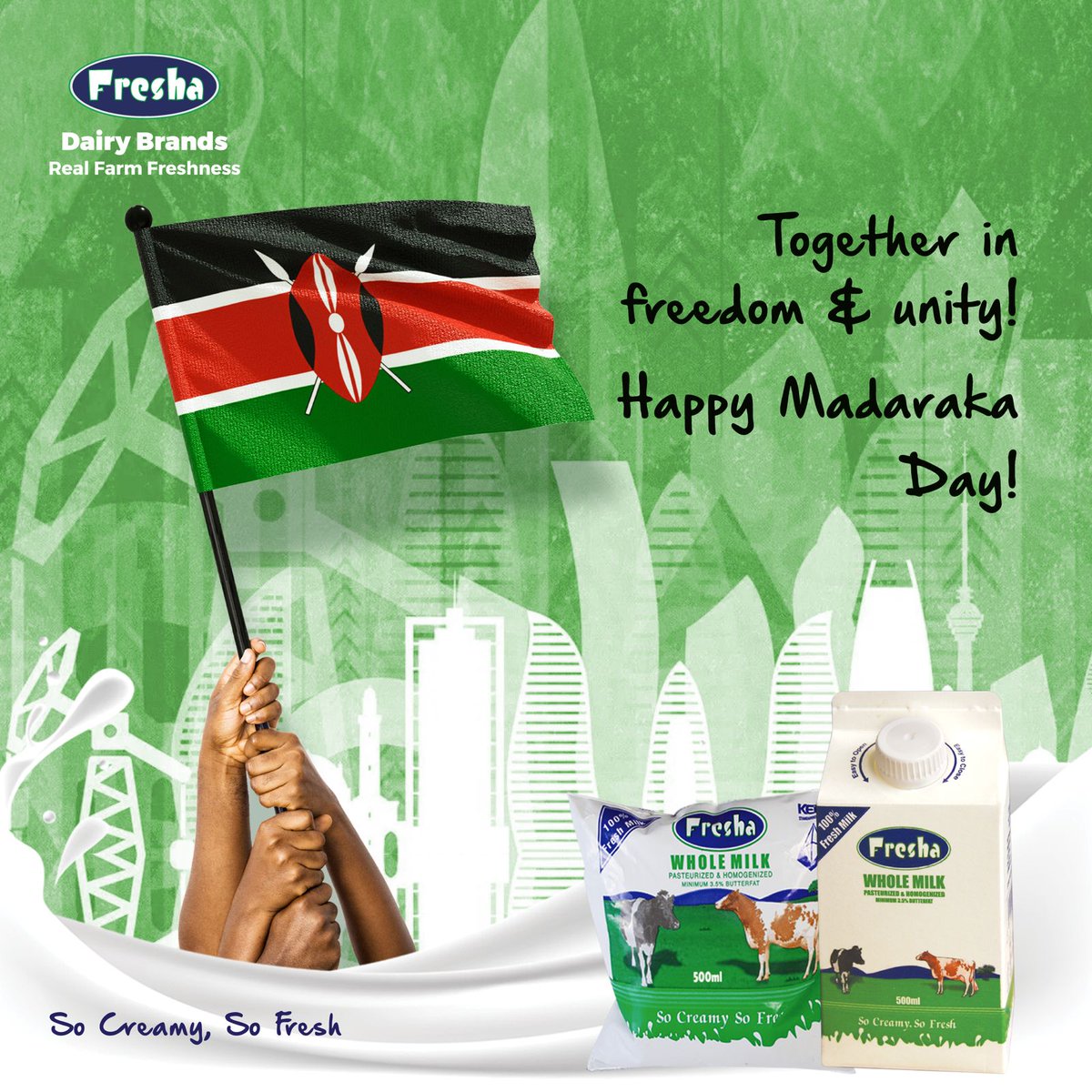 freshabrands's tweet photo. Celebrating freedom, unity, and progress! Happy Madaraka Day!🇰🇪 #FreshaDairyBrands #RealFarmFreshness https://t.co/ETFmDJpQcC