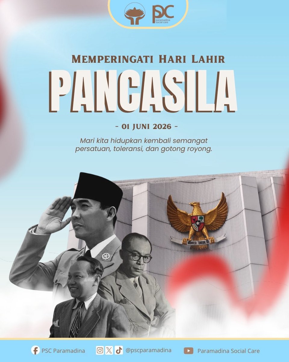 PSCparamadina's tweet photo. Selamat Hari Lahir Pancasila 🦅🇮🇩
Pancasila mengajarkan bahwa persatuan bukan tentang menjadi sama, tetapi saling menghargai perbedaan dan tetap satu tujuan. Mari kita terus menjaga nilai-nilai kebangsaan dalam setiap langkah kita, demi Indonesia yang lebih maju, adil, &amp; harmonis https://t.co/qF7RUBAiuH