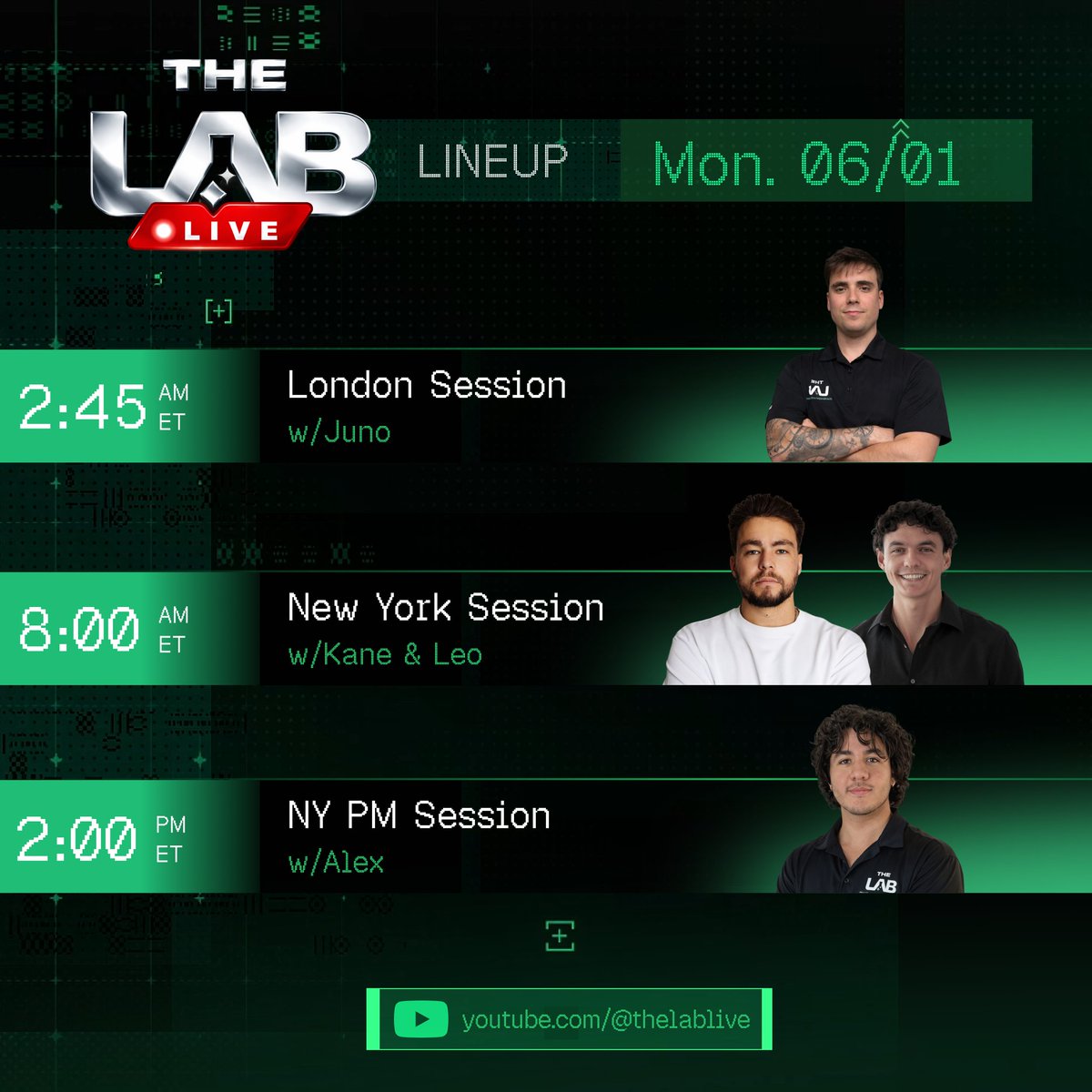 TheLabLive's tweet photo. New month, new week. Same programming.

Today starts off with @JunoTrading covering the London open session, 2AM ET.

Then New York AM, and PM starting 8AM and 2PM.

Watch all live: https://t.co/ovM9NUEavQ https://t.co/QJn4EkmdMG
